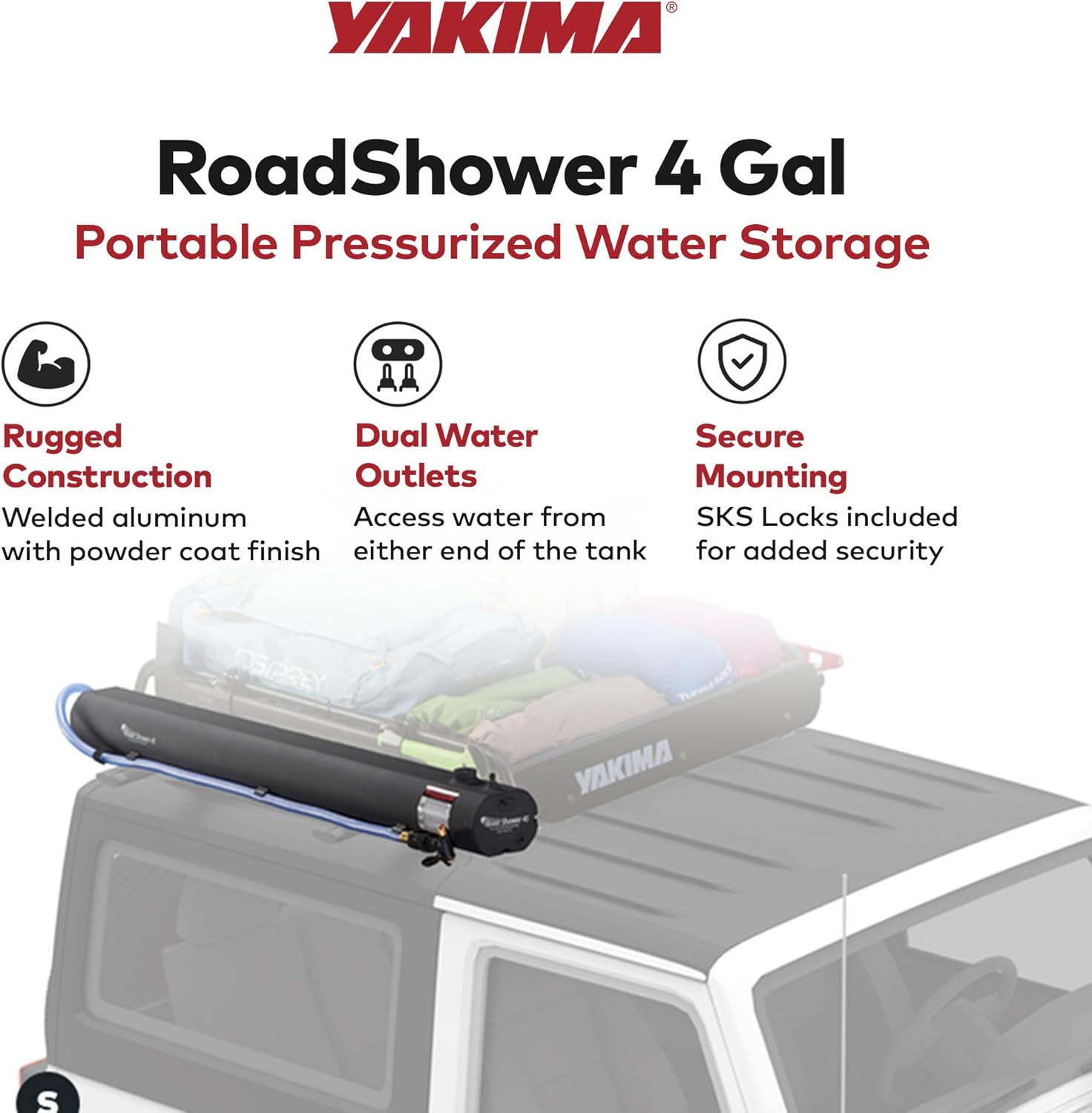 Yakima RoadShower Portable Aluminum Pressurized Water Storage with Garden Hose Adapter and 2 Outlet Water Ports 4 Gallon
