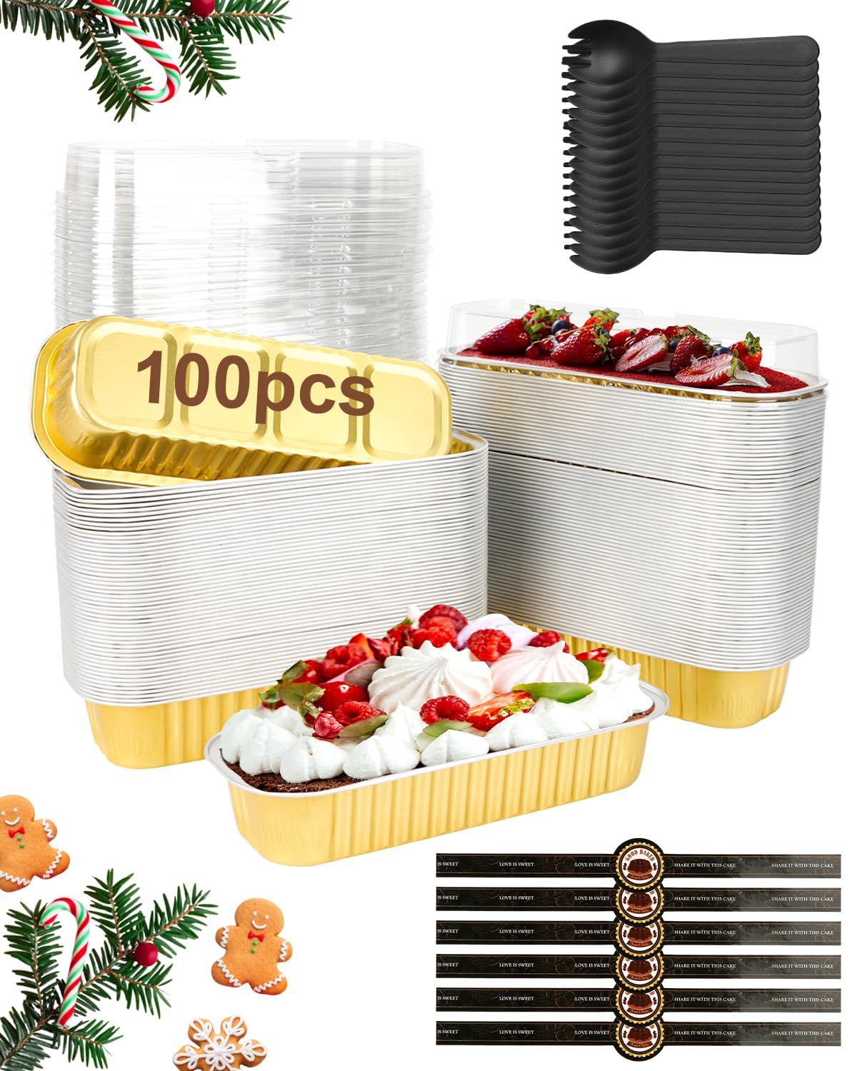 YQER Paquete de 100 mini moldes para pan con tapas y cucharas adhesivas de sellado, mini moldes para pasteles de 6.7 onzas para hornear, moldes desechables de papel de aluminio, moldes para hornear