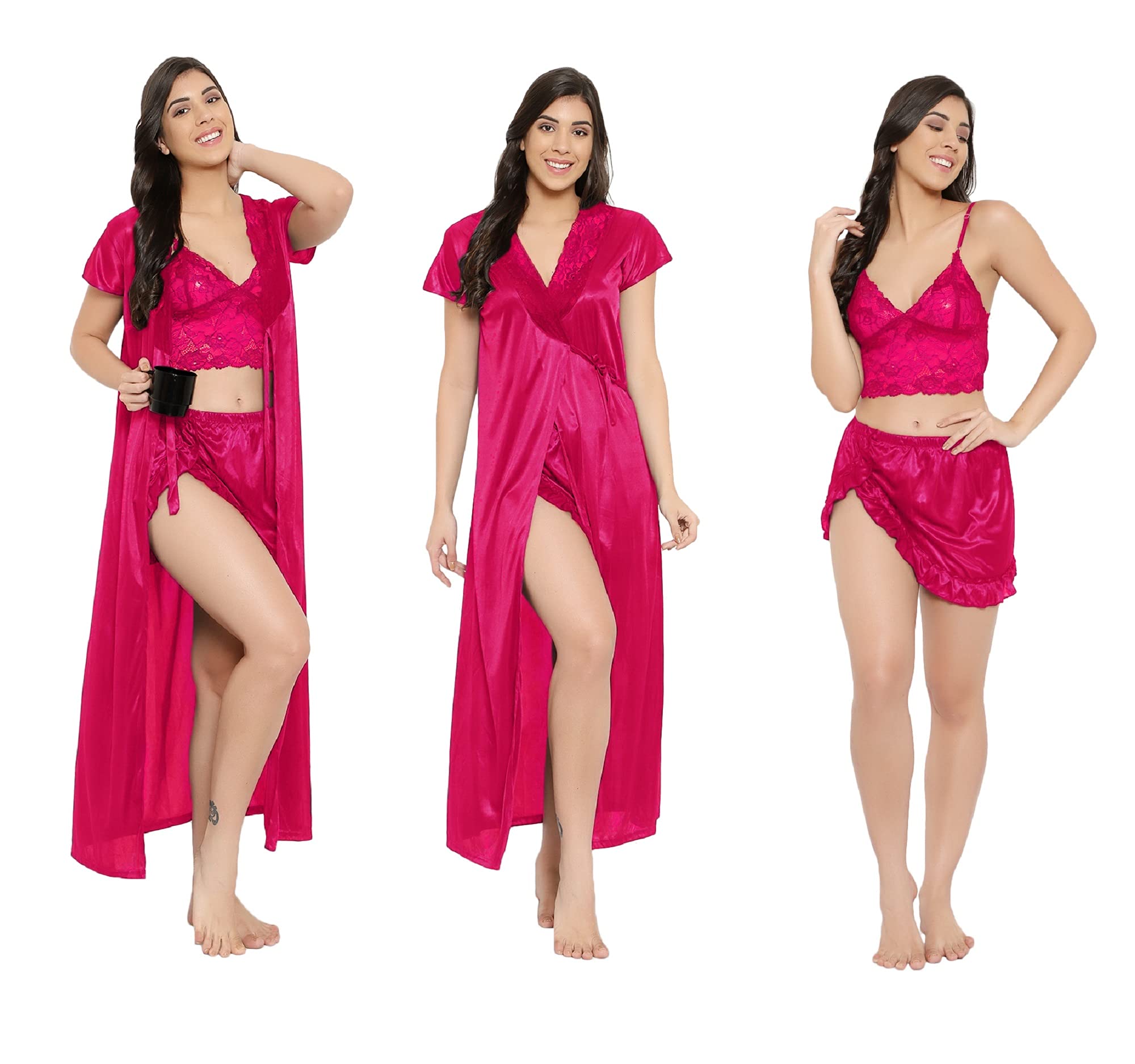 divine paridhaanWomen's Satin Solid Nightwear Set of 3 Pcs Choli top, Wrap Gown, Skart