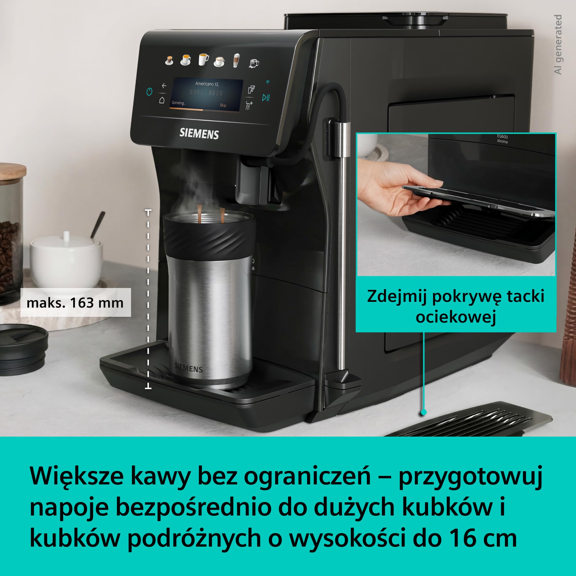 Siemens EQ600 iAroma, automatyczny ekspres do kawy z młynkiem i ekranem dotykowym, do kaw i napojów mlecznych do 480 ml, czarny, TP601E09