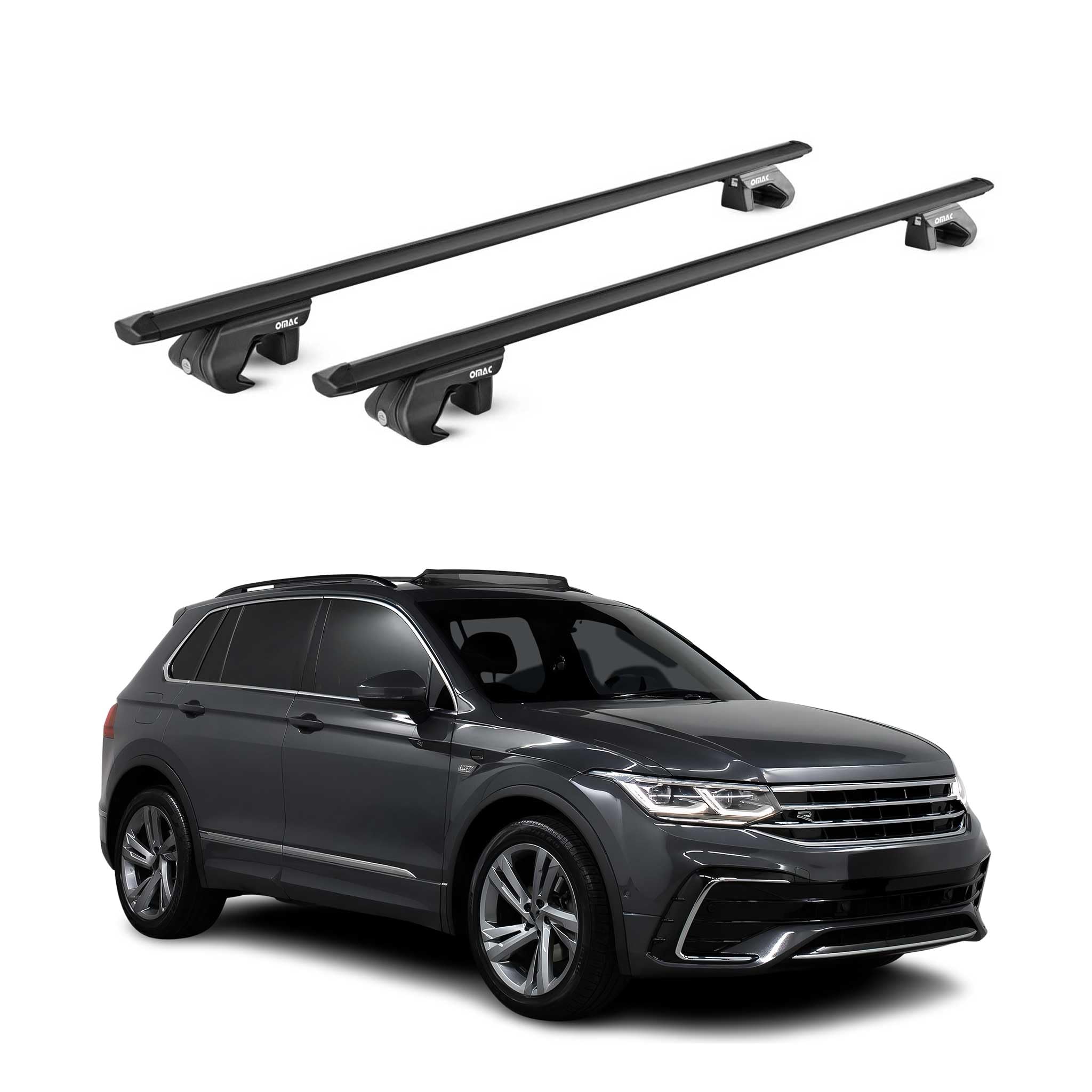 OMAC Dachträger Aluminium TÜV geprüft für VW Tiguan Allspace II 2016-2023 – Für Standard Dachreling – T Nut – Max 90 kg – 2 Schlösser Schwarz