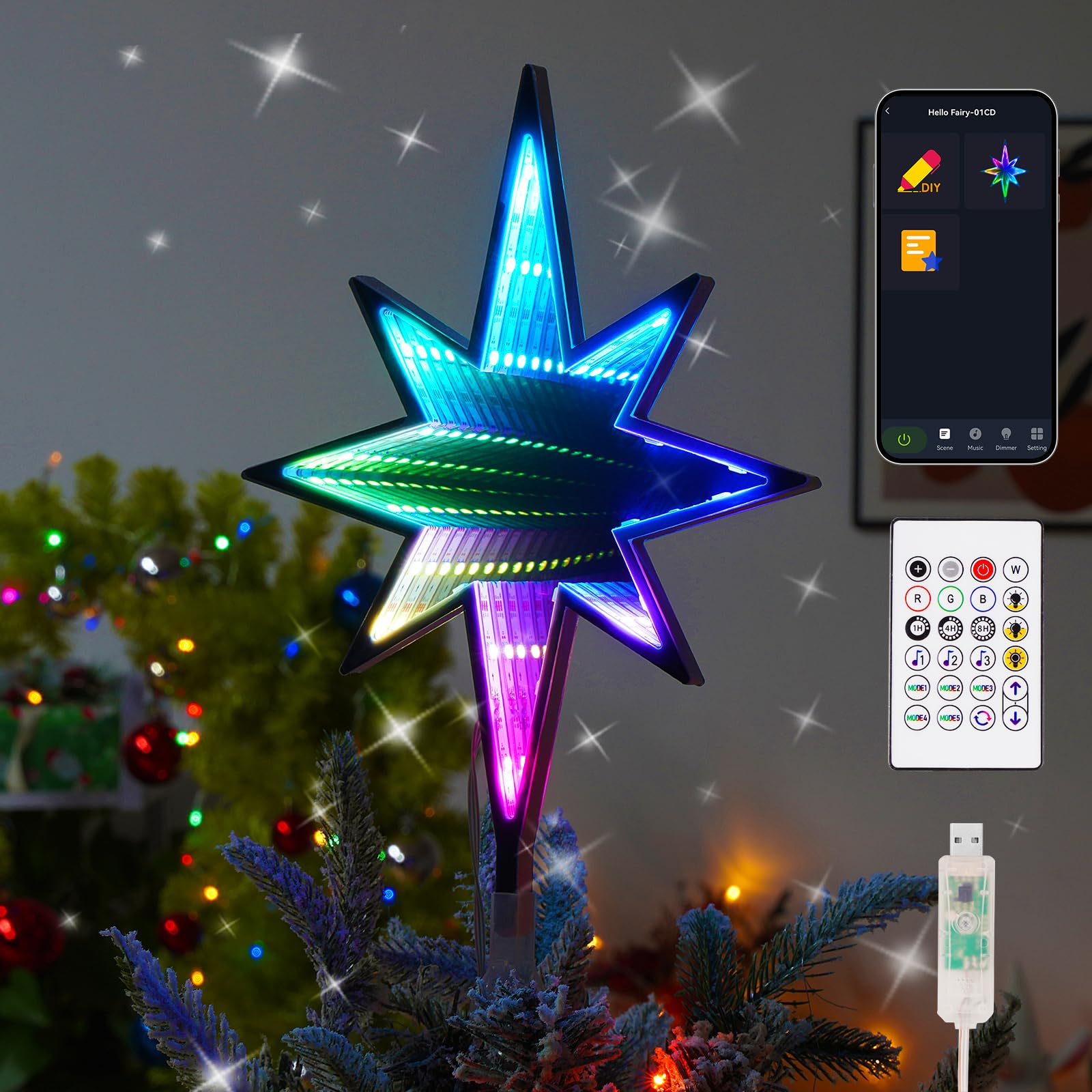Smart Christmas Tree Topper Star, 8.7" W*12.0''H 27LED RGB Color Change Xmas Tree Decorations, App Remote Control, USB Powered, Music Sync Xmax Topper for Holiday Party Gift Decorations