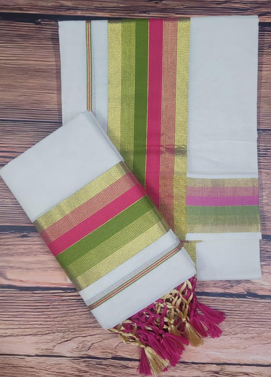 Jagasree collections Kerala Kasavu 4 inch Classy design kunjam single set mundu (Olive-rose) 2