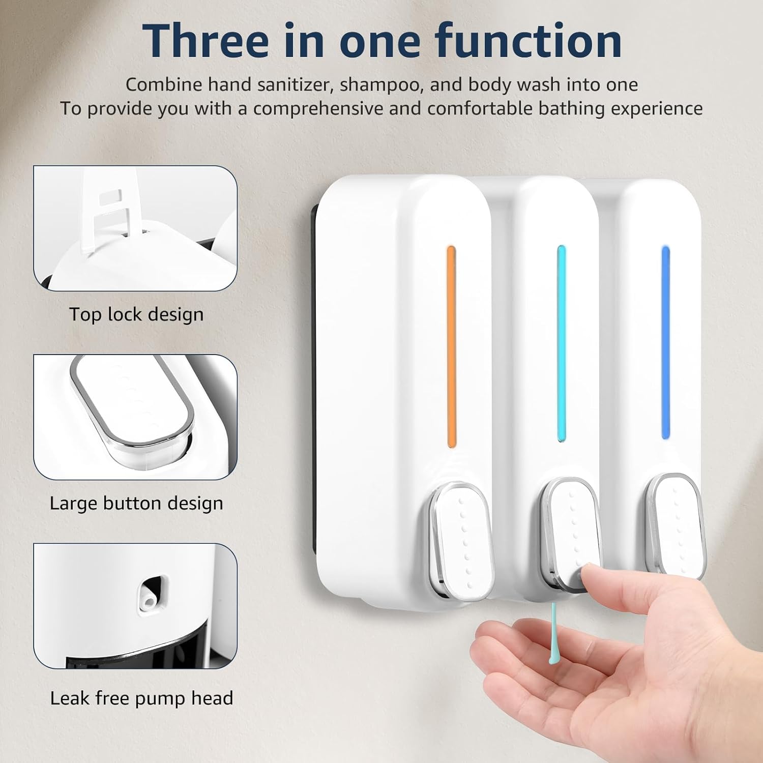 3-in-1 Shampoo and Conditioner Dispenser, Shower Dispenser 3 Chamber No Drill Shampoo Dispenser, 1050ML Shampoo and Soap Dispensers, Wall Mounted Soap Dispenser for Hotel/Home Bathrooms