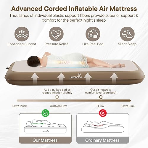 Miniatura 2 de Colchón de aire de campamento para dormir, nube, tamaño individual con bomba incorporada, colchón inflable mejorado de 2 minutos, firmeza ajustable,