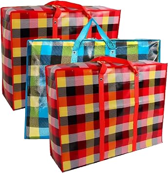KAV Pack of 3 Extra Large Laundry Shopping Bags - 170 GSM Jumbo Strong Reusable Waterproof Storage Bag with Zipper and Handle for Travel, Moving, Beach, Packing Cloths 90x60x30 cm