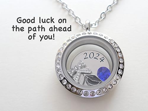 Custom Graduate Circle Floating Charm Locket Necklace with Engraved Disc Charm, Stainless Steel Locket, Graduation 2025, or Beyond, Good Luck on the