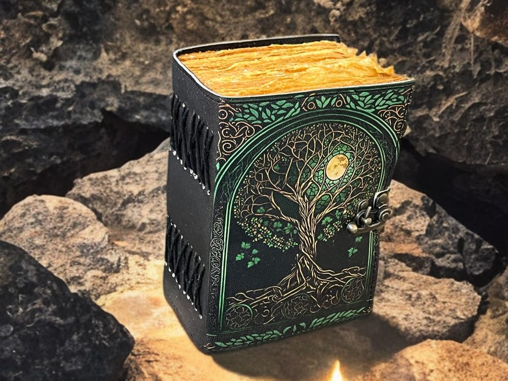 400 Page Fat Grimoire Leather Journal – Tree of Life Embossed Blank Spell Book of Shadows, Vintage Leather Sketchbook, Celestial Writing Notebook Gifts for Him & Her