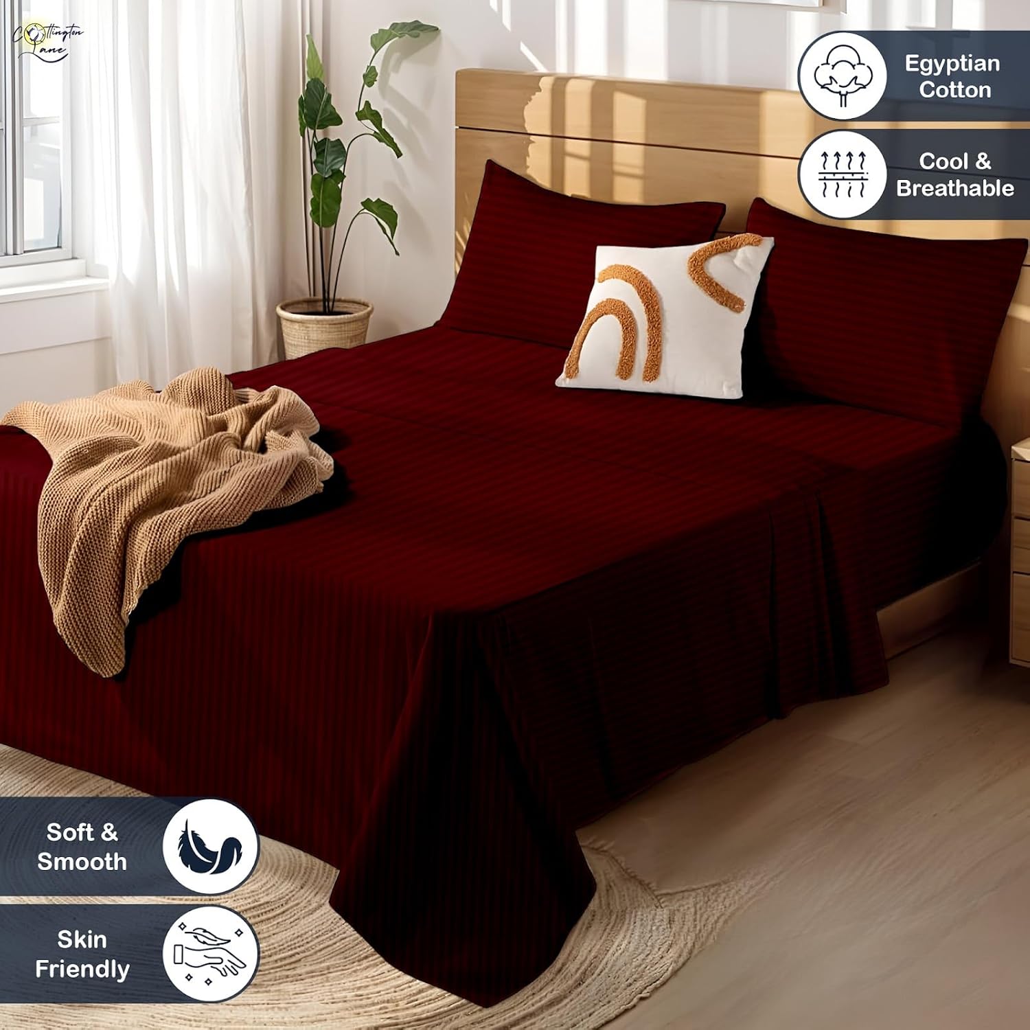 Cottington Lane 4 Piece Texas King Size Sheet Set 80 x 98, Luxury Hotel Quality 100% Egyptian Cotton Bed Sheets with 16 Inch Deep Pocket Snug Fit Smooth Sateen Weave, Burgundy Stripe