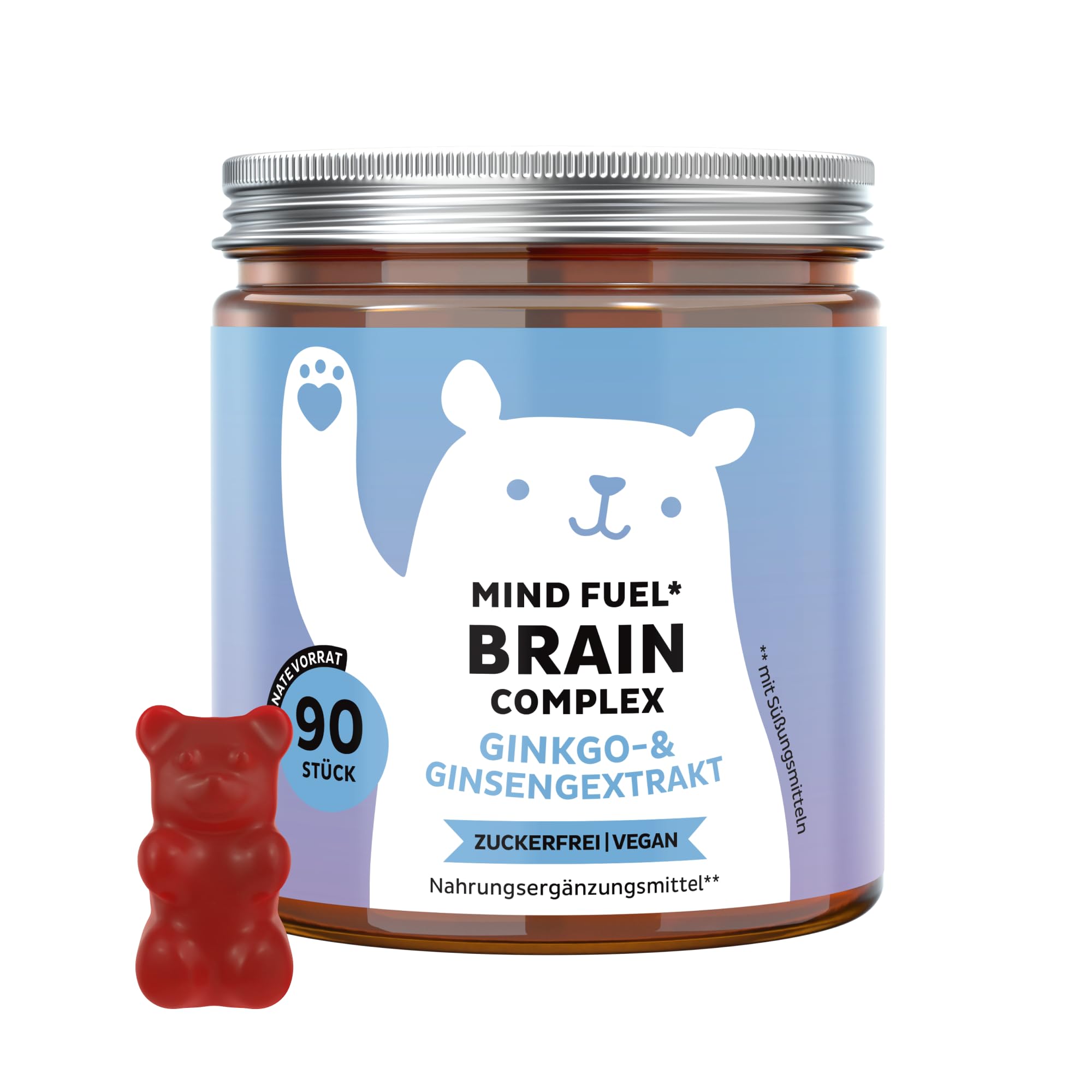 Bears with Benefits - Gummibärchen Ginseng - Konzentration - 90 Stück | Mind Fuel Brain - Ginseng, Ginkgo, L-Theanin, Vitamin B6, B12, C & Niacin - Vorrat für 3 Monate - Zuckerfrei, Vegan