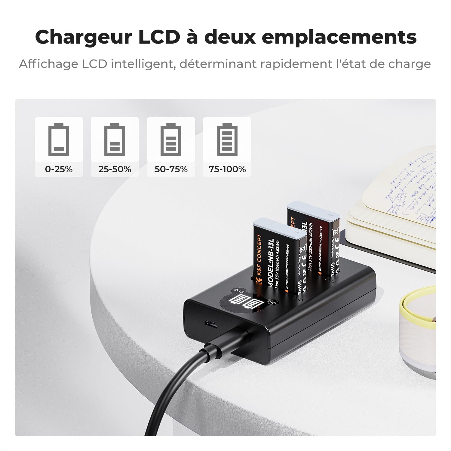 K&F CONCEPT NB-13L Batterie de Remplacement 2-Pack avec Chargeur LCD Dual Slot, Compatible avec Canon EOS G7X3/G7X2/G9X/G5X/SX720HS Cameras etc.
