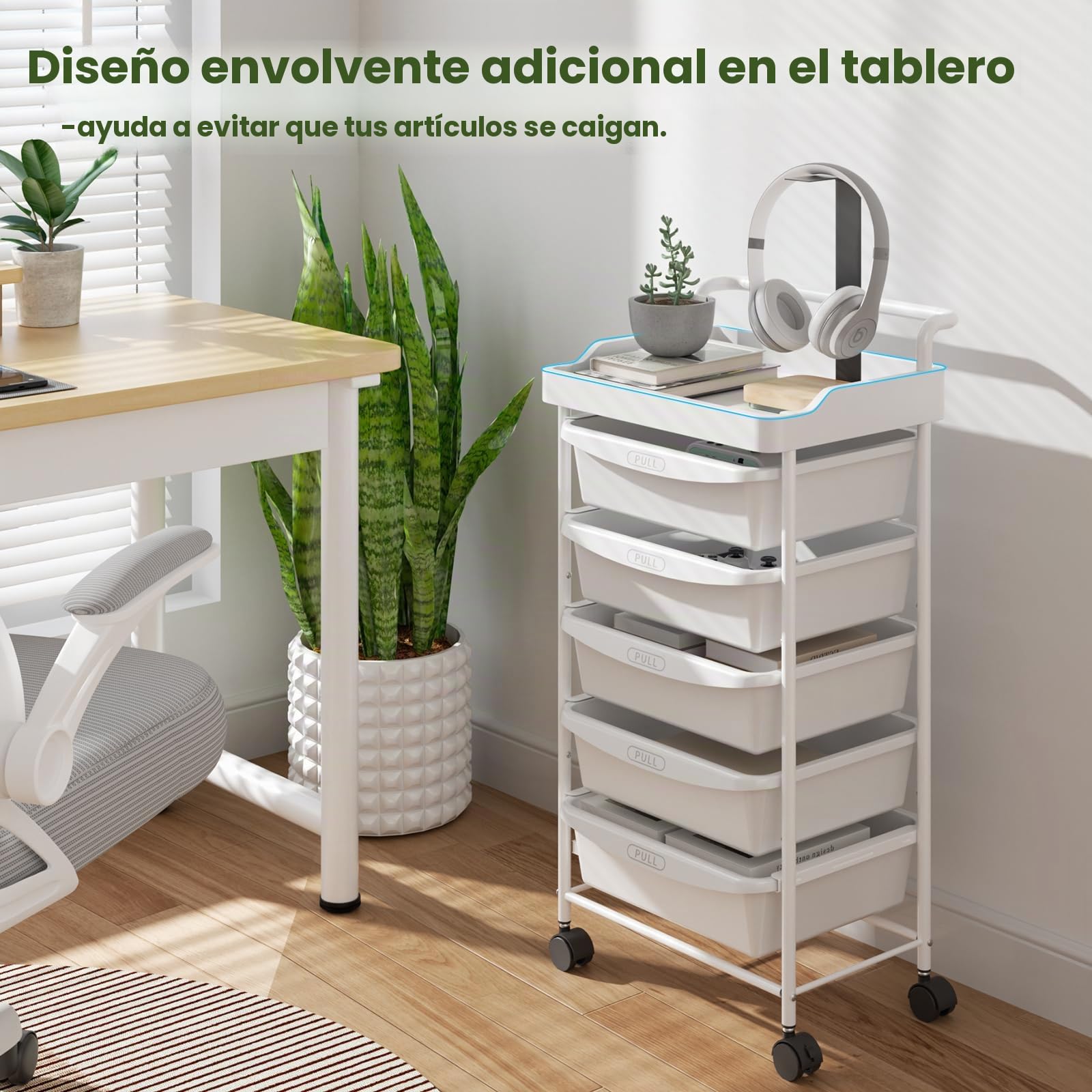 Carrito Auxiliar de 5 Cajones con Ruedas y Cajones Estetica Ahorro de Espacio Carro Organizador para Cocina Baño Dormitorio Oficina (Blanco)
