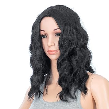 SWACC 15 Inch Short Curly Wavy Hair Wig Medium Length Synthetic Colorful Cosplay Daily Party Wig for Women with Wig Cap 1B#- Off Black