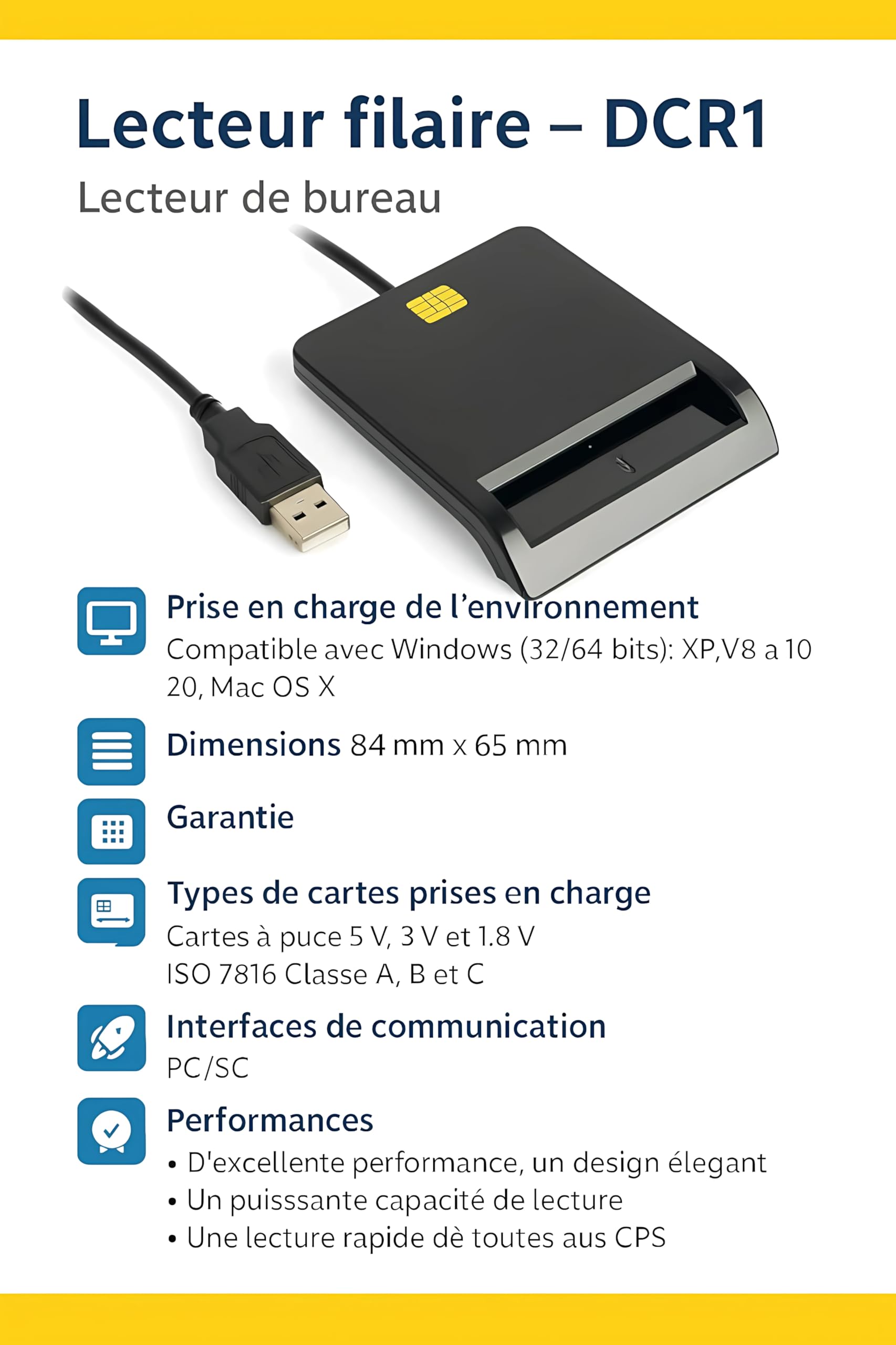 DCR1 Lecteur Carte CPS (Carte Professionnel de santé) PC SC Carte Vitale monofente, Compatible Tout Logiciel Plug and Play - USB A USB C - Compatible Windows/Mac