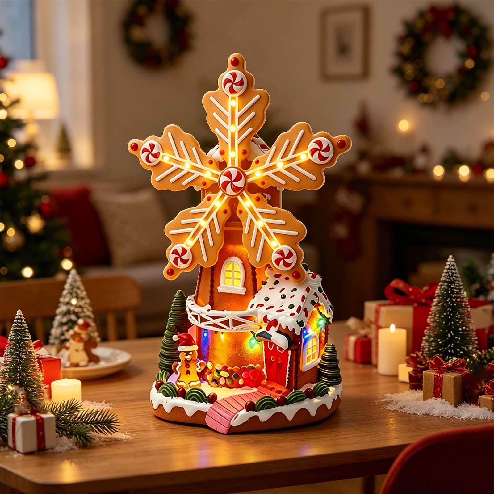 PANGBOER Decoración navideña de Candy House con diseño de Molino de Iluminado, decoración de navideña para repisa, Escritorio, Estante y Centro de de Fiesta Decoración Festiva con diseño de de