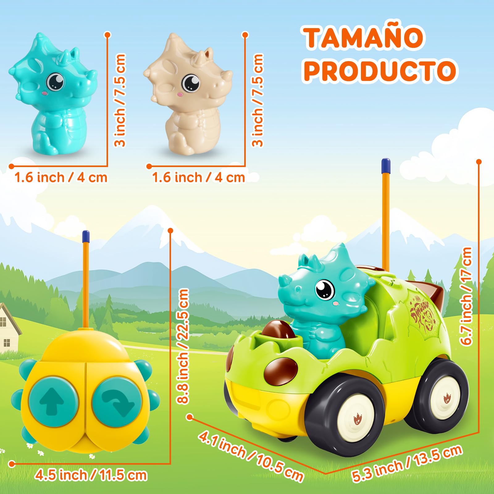 Pup Go Coche de Dinosaurio RC Cartoon para Niños Pequeños 18 Meses+ con Música y 2 Muñecas Intercambiables, Primer Coche de Control Remoto para Niños y Niñas, Cumpleaños o Navidad
