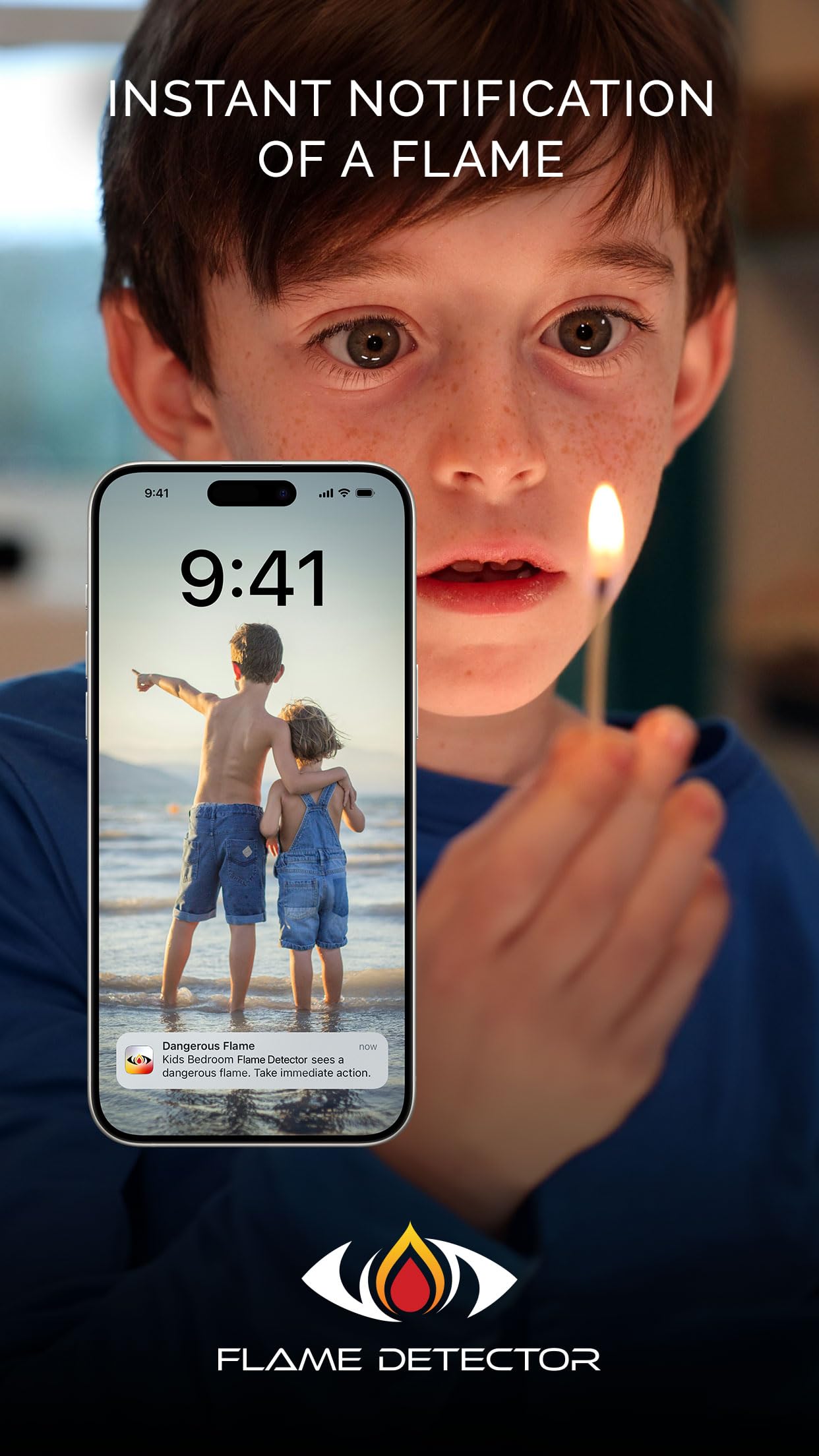 Detección instantánea de llamas, notifica a los teléfonos de la llama y su ubicación, Android e iOS.