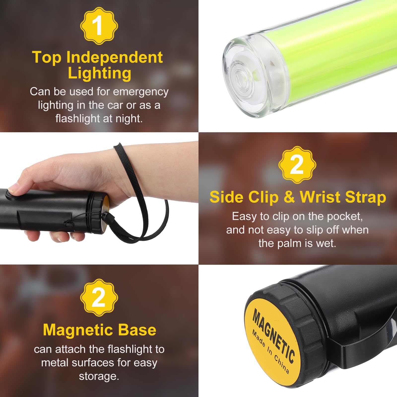 PATIKIL 4 Confezione 11 Pollice Bacchetta Segnaletica Traffico, Bacchetta Controllo Traffico Aereo Torcia LED con 3 Modalità Lampeggiante Clip Laterale Cinturino Polso Lanyard, Giallo