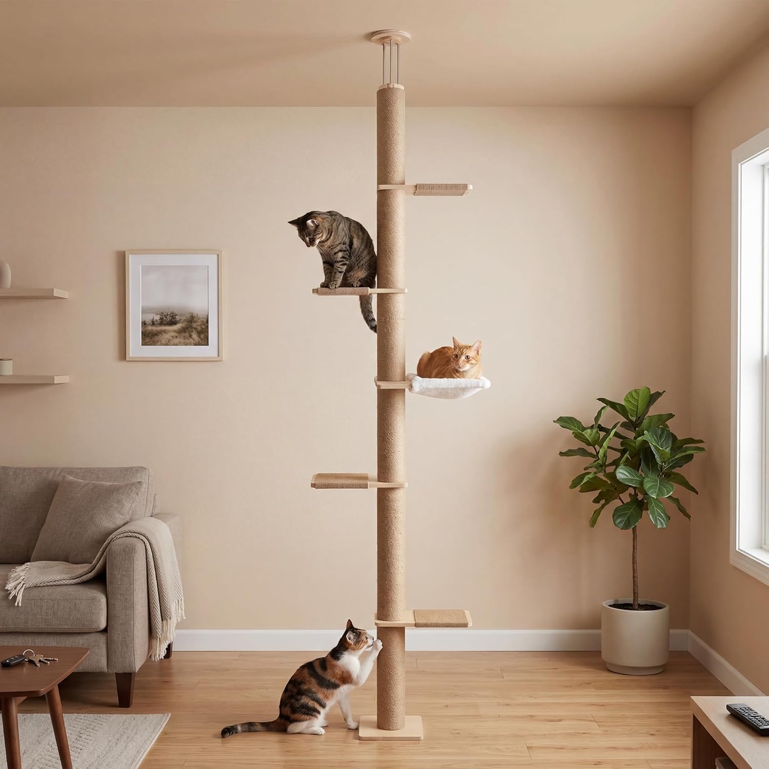 Tall Cat Tree, 5 Tier Floor Cats Tower, Wall-Mounted Kitten Sisal Scratching Post, with Cozy Hammock, Suitable for Climb, Scratch, Lookout and Play (Wall-Mounted)