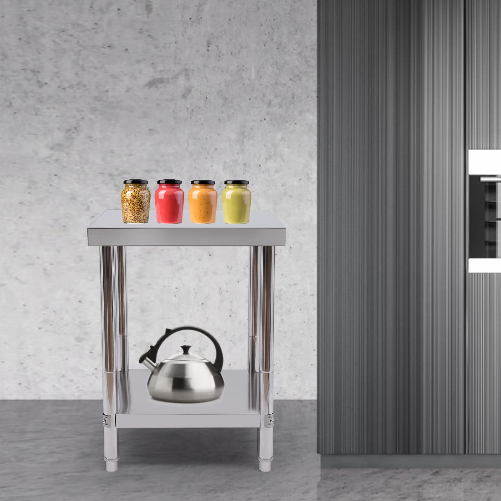 Mesa de trabajo de acero inoxidable, con cantos para cocina, 60 x 60 x 80 cm, resistente, para hotel, panadería, restaurante, procesamiento de alimentos, apto para alimentos, inoxidable