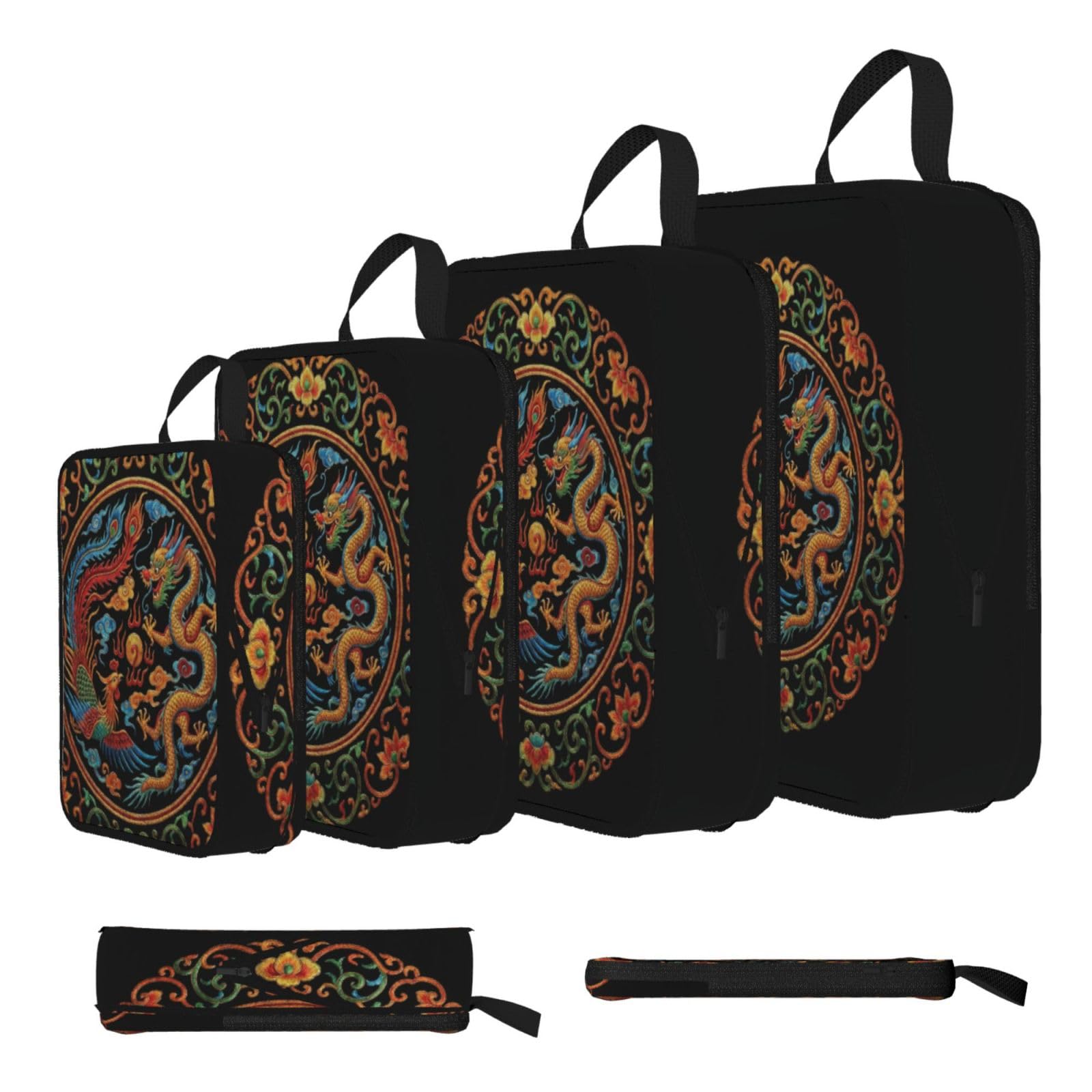 Sxzvvbn Black Soaring Dragons And Phoenixes Compression Packing Cubes 4 Piece Set