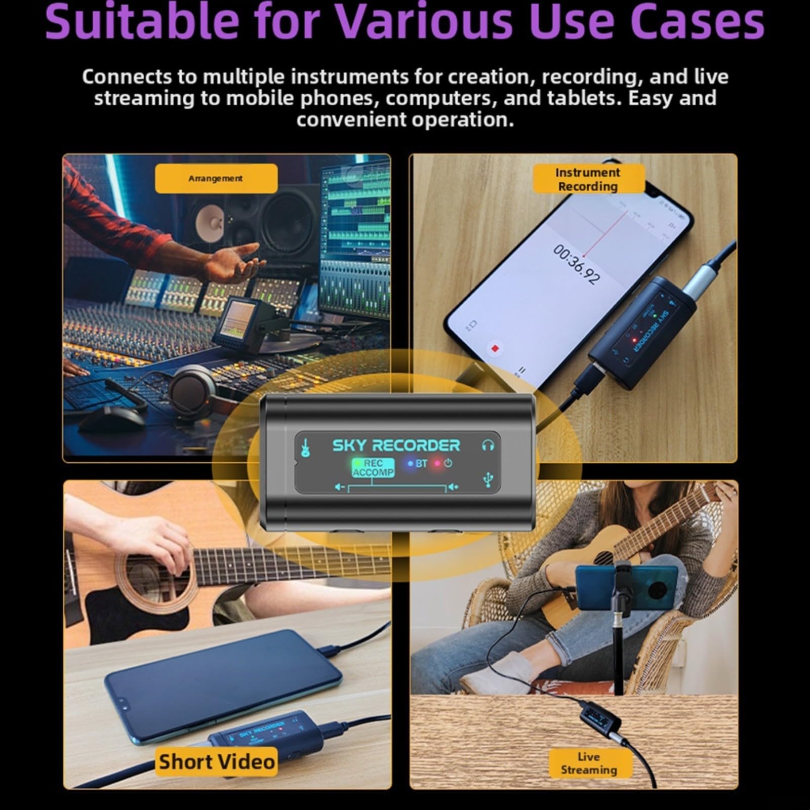 Interfaz de audio portátil para grabación de instrumentos con tecnología de reducción de ruido y transferencia de cinta, para músicos e ingenieros profesionales