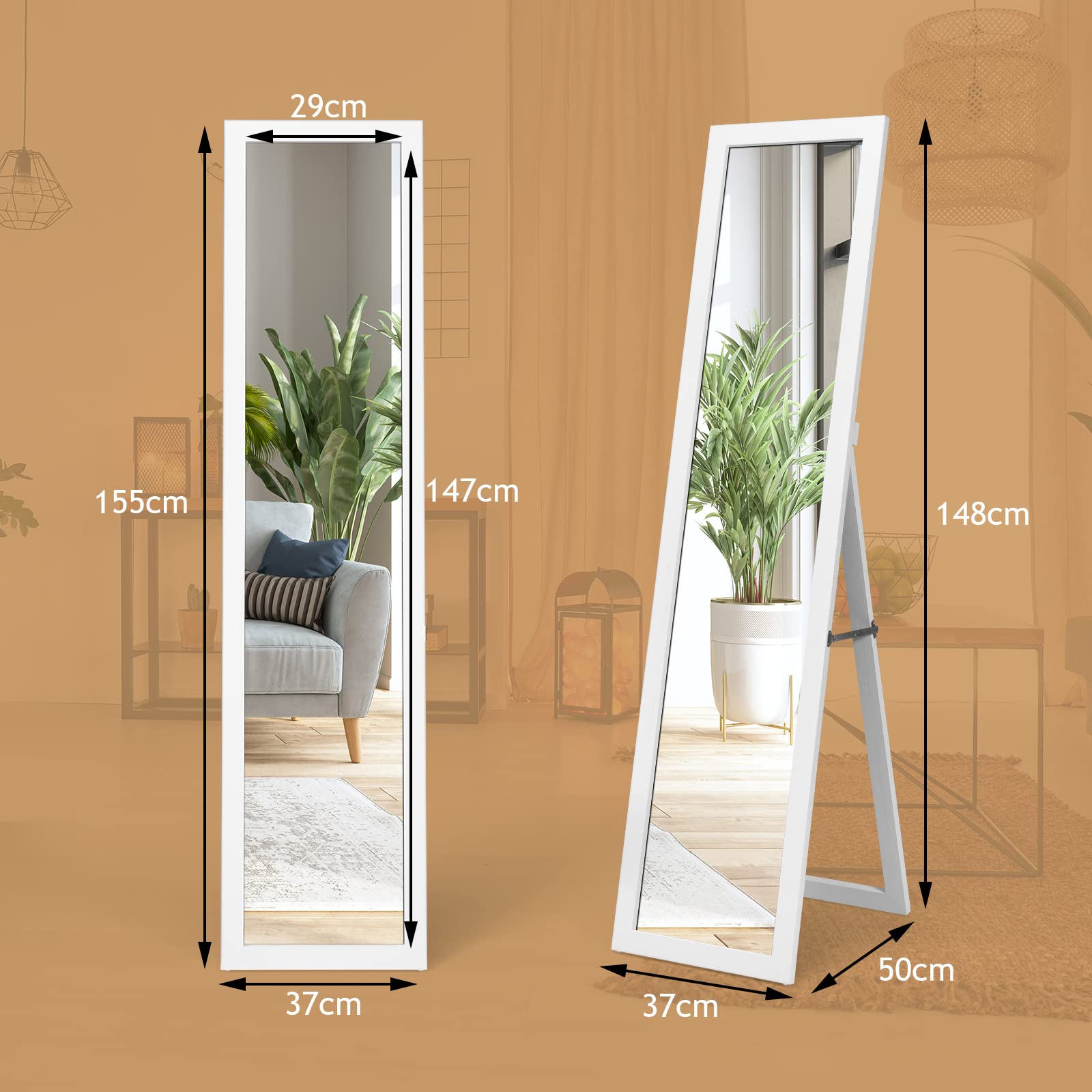 RELAX4LIFE 2 in 1 Ganzkörperspiegel, 155 x 37 cm, rustikale Standspiegel & Wandspiegel, Ankleidespiegel mit Holzrahmen & Hartglas, verstellbar & freistehend, für Schlafzimmer, Garderobe, Flur, Weiß