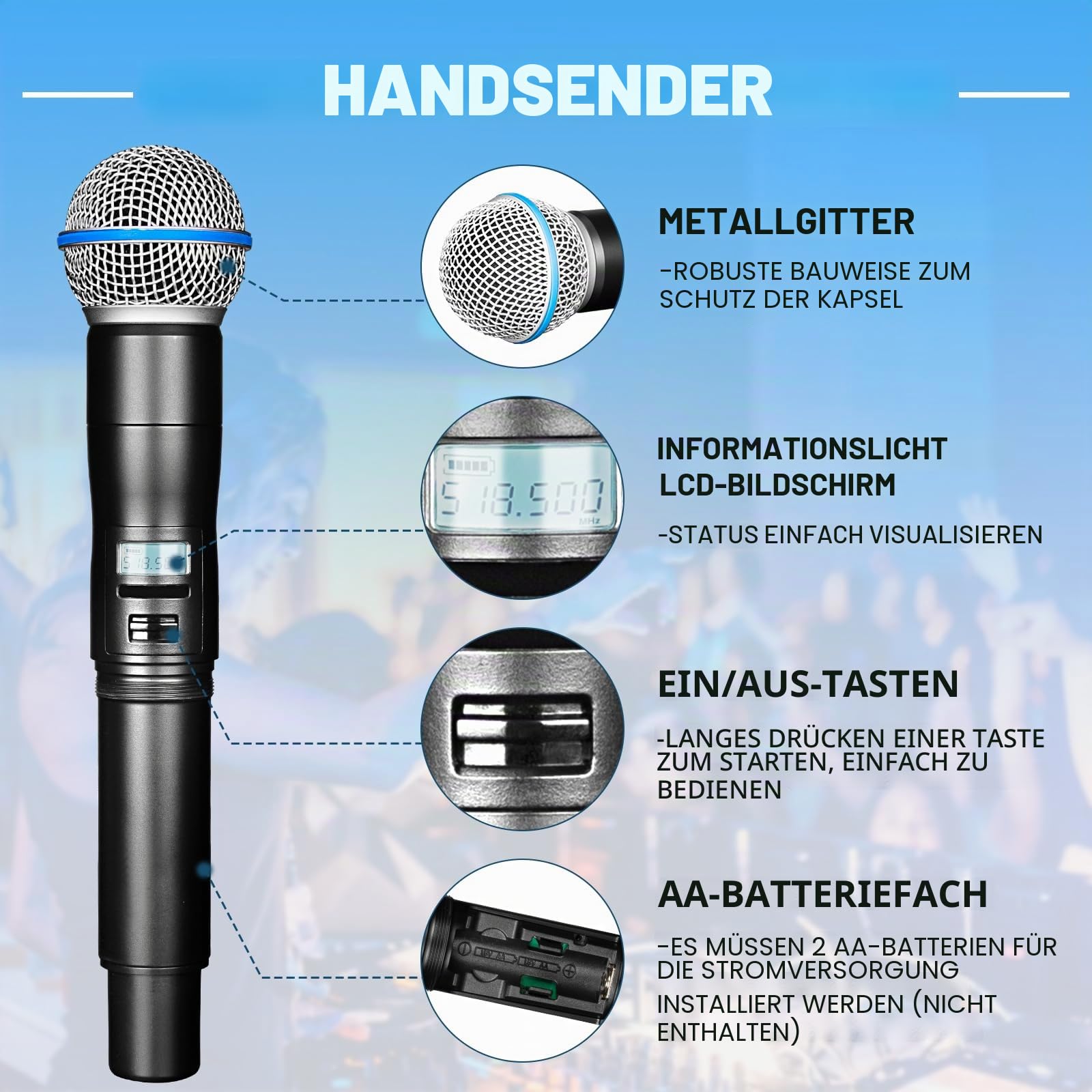 Depusheng LK4 Pro Kabelloses Mikrofonsystem, 4-Kanal UHF einstellbare Frequenzen, schnurloses Mikrofon mit 4 dynamischen Handmikrofonen, 260 Fuß Reichweite, Mikrofon für Gesang, Kirche, Karaoke, Party