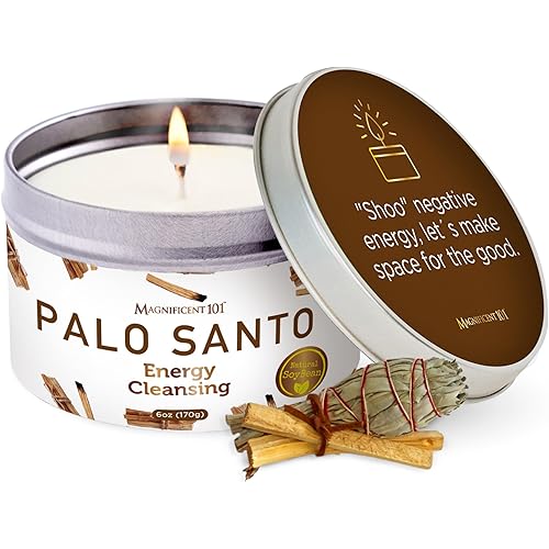 Magnificent 101 Long Lasting Palo Santo Smudge Candle | 6 Oz - 35-Hour Burn | Essential Oils, 100% Natural Ingredients | Smoke Free, Petroleum Free Candle to Cleanse Your Home