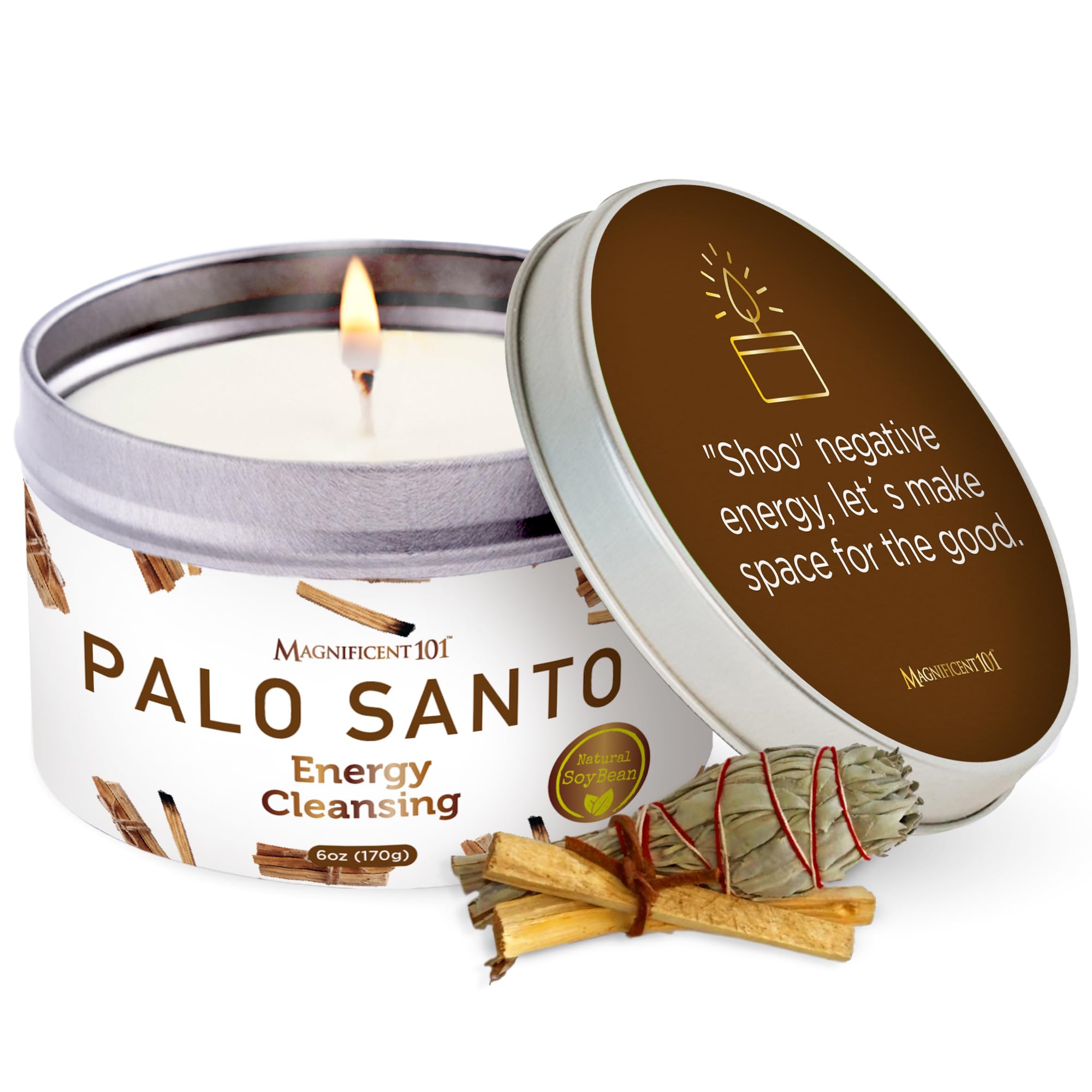 MAGNIFICENT 101Palo Santo Smudge Candle for Home Energy Cleansing, Aromatherapy, and Chakra Healing - Natural Soy Wax, Essential Oils 6oz Tin Holder