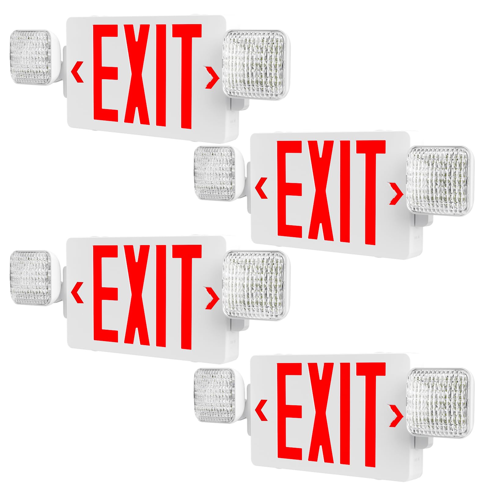 Amico Paquete de 4 señales de salida rojas con luces de emergencia, grado comercial, carcasa resistente al fuego 94V-0, dos cabezales ajustables LED, señal de salida de emergencia con luces de
