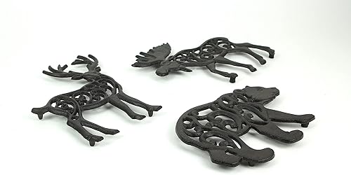 Miniatura 4 de Set of 3 Black Cast Iron Lodge Design Wild Forest Animal Western Kitchen Table Décor Trivets Decorative Wall Hanging Art Deer Moose and Bear 9