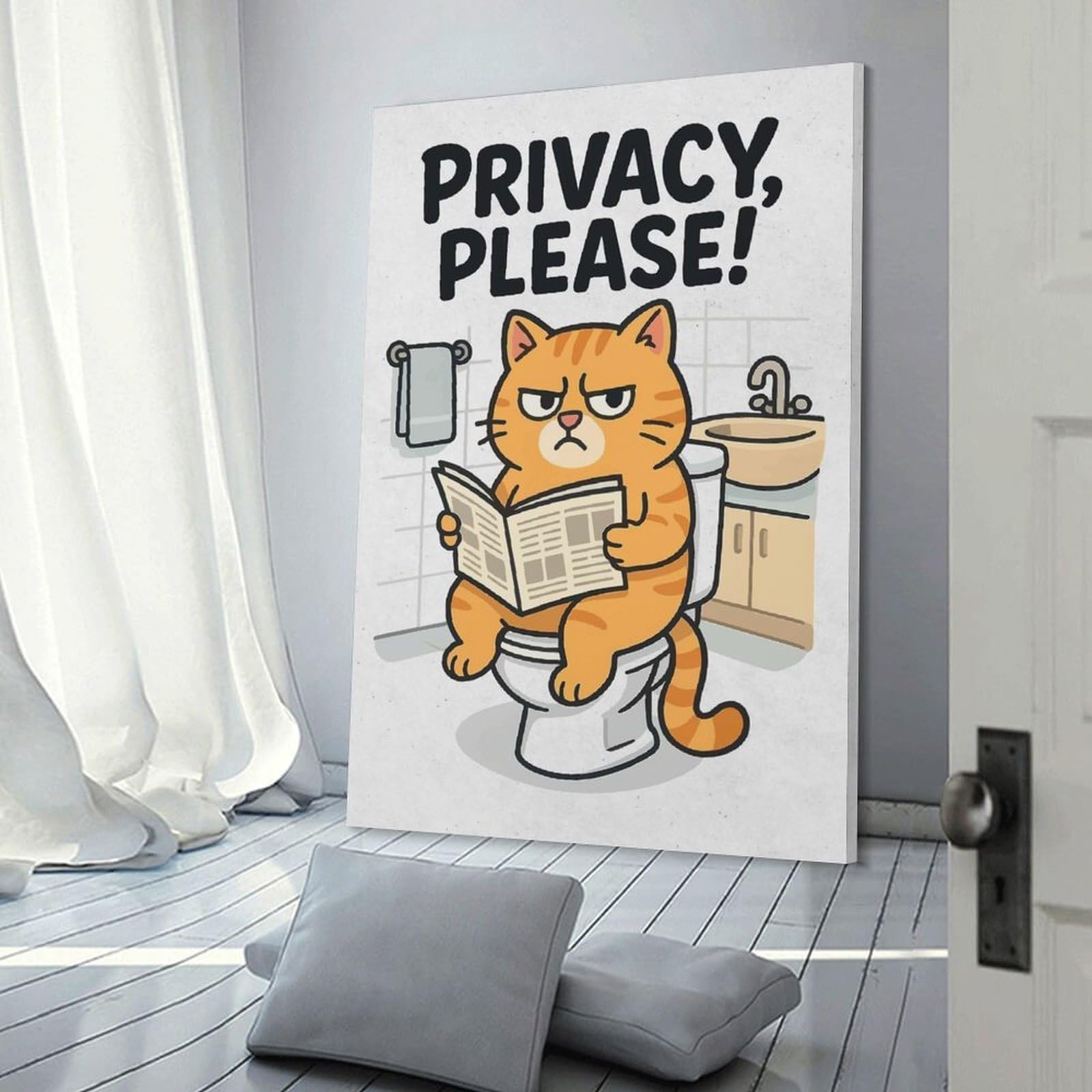 Junmoney Privacy, Please! Cartoon Cat on Toilet Hanging Wall Art 20x30inch(50x75cm), for Lounge, Bedroom Or Personal Spaces, Home Decor Gift with Stylish Appeal
