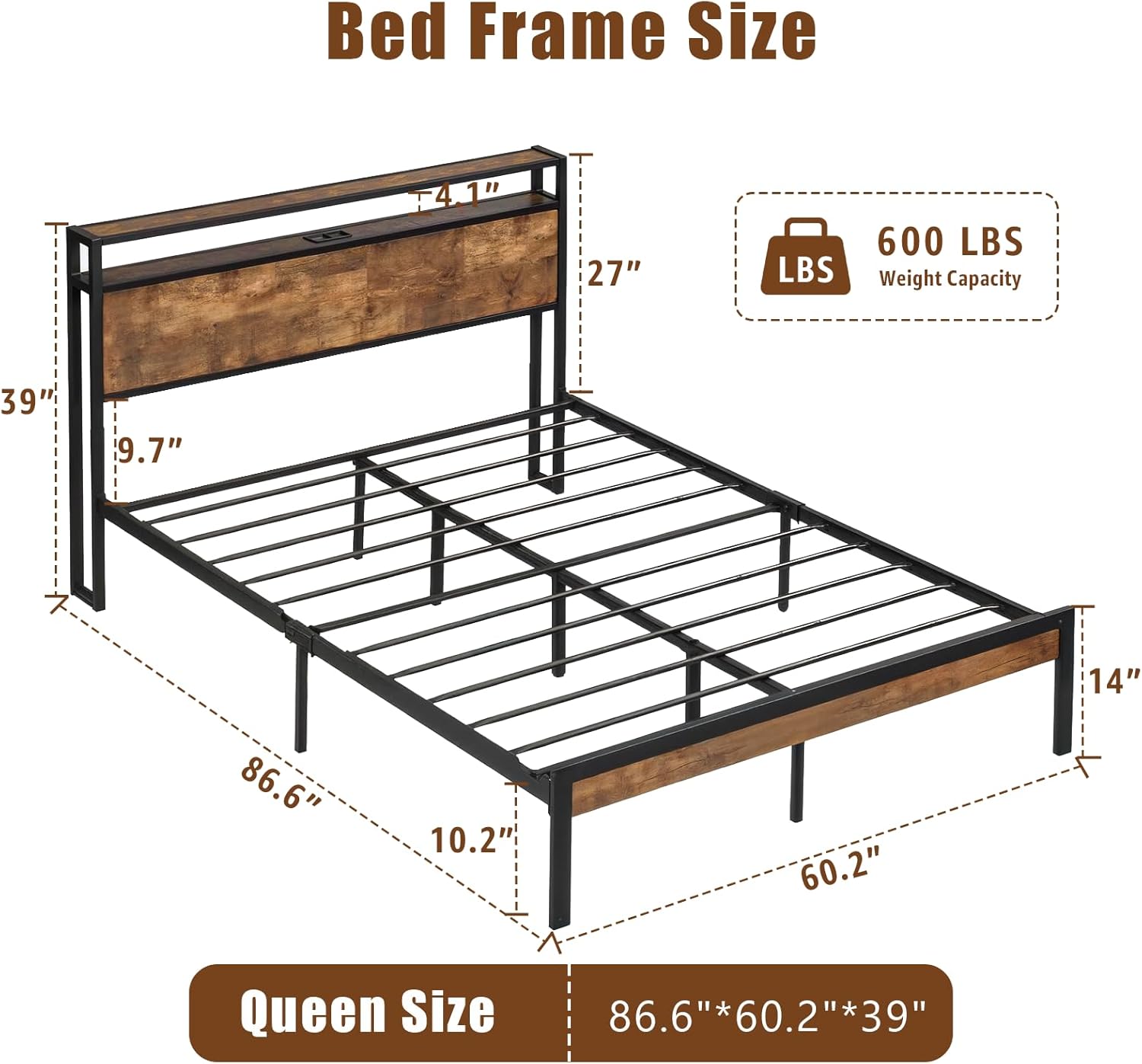 Queen Size Bed Frame with LED Headboard and Charging Station, Sturdy Wood & Metal Platform Bed Frame Queen Beds Base with Dual Storage, USB Port, Noise Free, No Box Spring Needed, Brown (Queen)