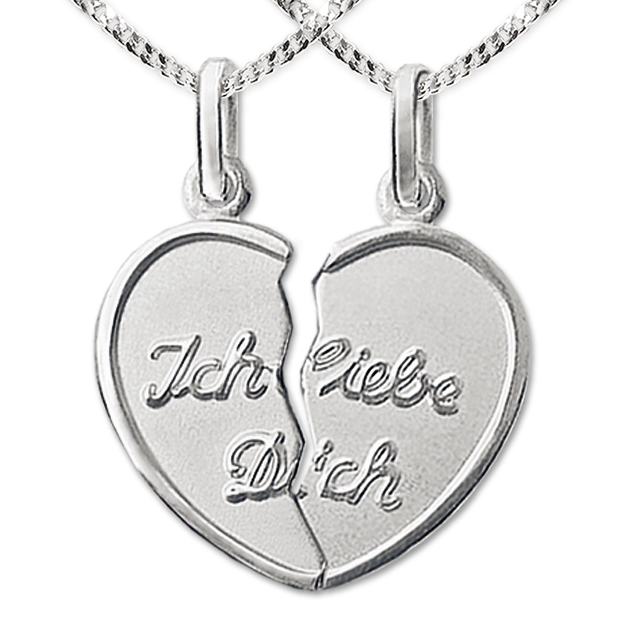CLEVER SCHMUCK Set 2 Silberne Partneranhänger geteiltes Herz 20 mm Ich liebe dich matt, Rand Schrift glänzend, 2 Ketten Panzer je 45 & 50 cm 925 Sterling Silber im Schmucketui anthrazit