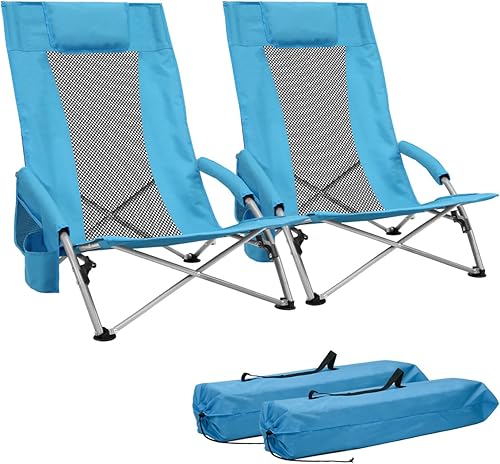 BDL Sillas de playa bajas para adultos, paquete de 2, portátil, ligero, plegable, portavasos y bolsa de transporte, juego de 2 sillas de playa