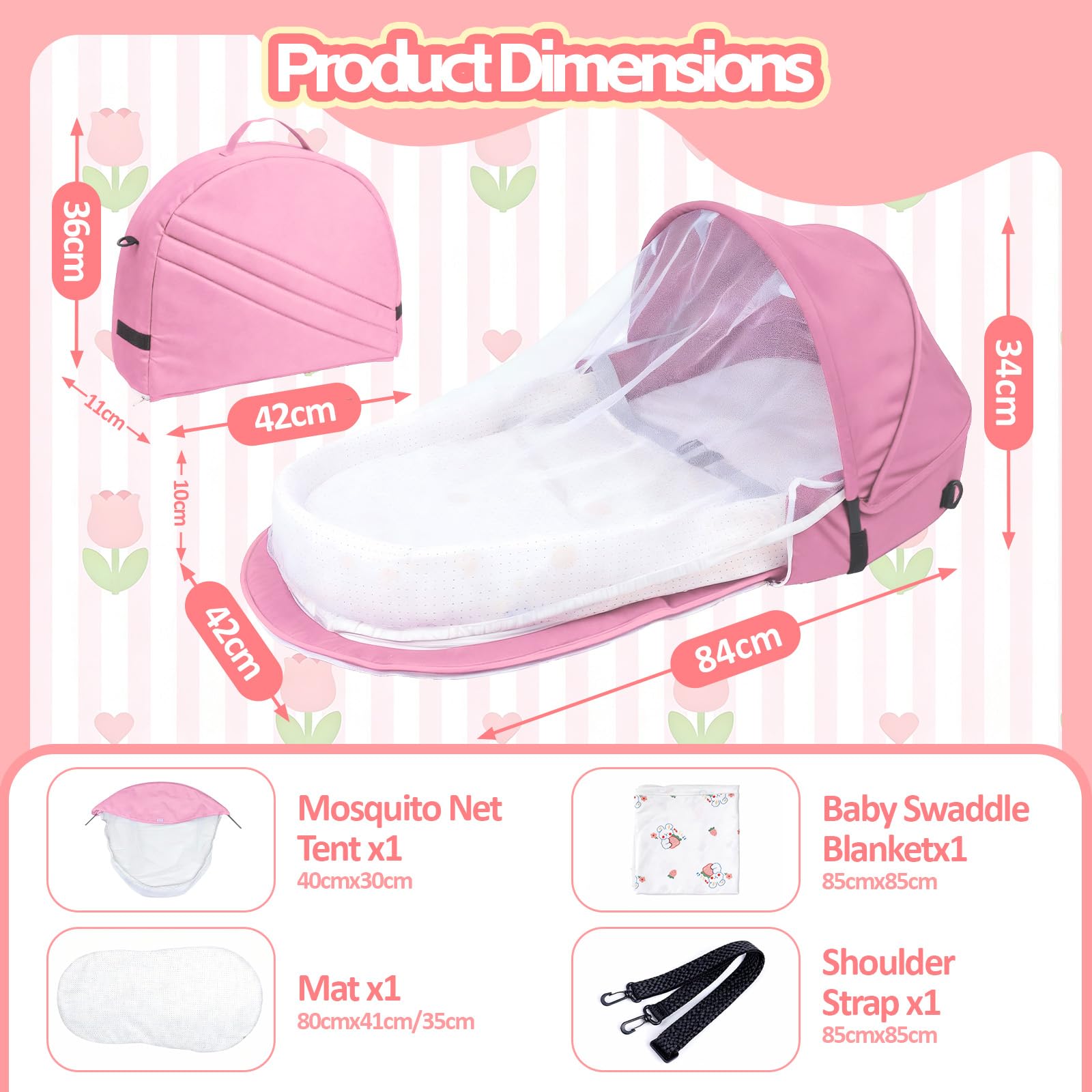 Baby Nest,Baby Bettchen Nest, atmungsaktiver Babylounger,Portable Baby Reisebett mit Moskitohaube – Inklusive Matratze & Tragetasche – Leicht & Kompakt (Rosa)