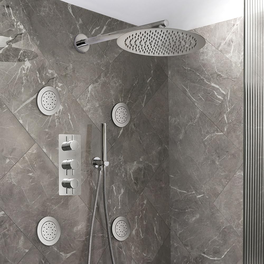 Milano Otto Thermostatic Mixer Valve 300mm Round Shower Head Handset Body Jets - Chrome