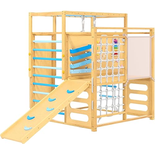 Garvee 9-in-1 Indoor Jungle Gym, Montessori Wooden Indoor Playground for Kids 2-8, Wooden Climbing Structure with Slide, Monkey Bars, Rope Ladder, Rock Wall, Climbing Net, Rings - Natural Wood Blue
