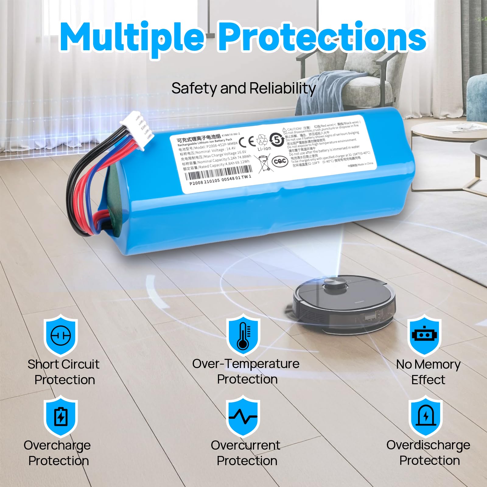 Akumulator 5200 mAh kompatybilny z Ecovacs Deebot T5 T8 T8+ T9 T9+, Deebot T10 T9 Ozmo 950 DX65 DX93 DX96 X1 Omni X1 Turbo X1 Plus DLX11-21/61 DBX11-11-11 /21 Aspire radery, S10-LI-144-5200 201-1913