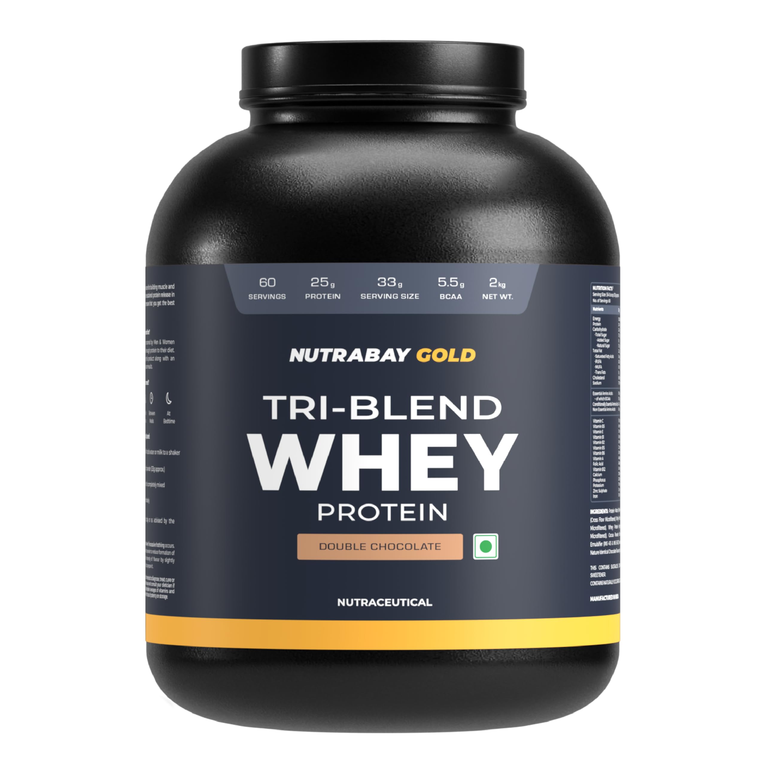 Nutrabay Gold Tri Blend Whey Protein Powder - 2kg, Rich Chocolate Creme | 25g Protein, 5.5g BCAA | Concentrate, Isolate, Hydrolyzed Protein | Muscle Growth & Recovery | Gym Supplement for Men & Women