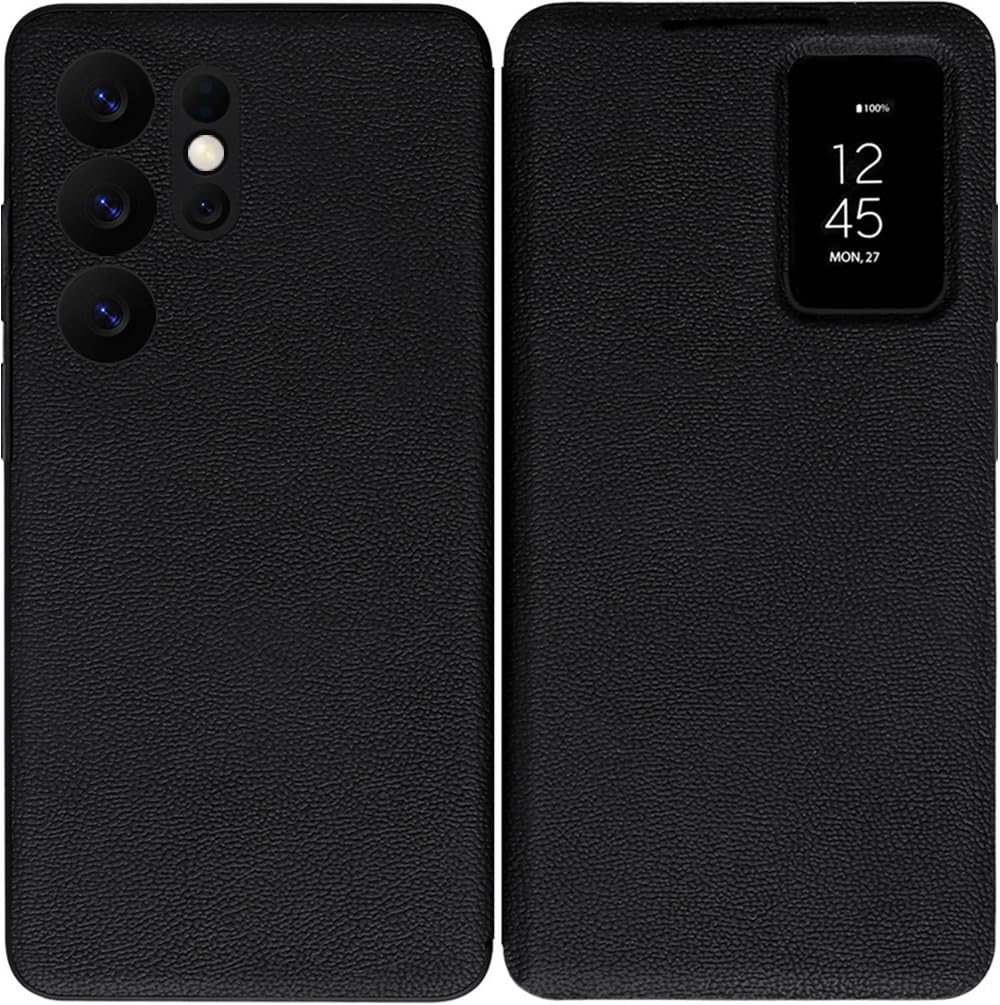 Smart View Leder Handyhülle für Samsung Galaxy S25 Ultra. Automatischer Schlaf/Wach, Smartphone-Hülle, Intelligente Echtleder Handy Case für Samsung S 25 Ultra