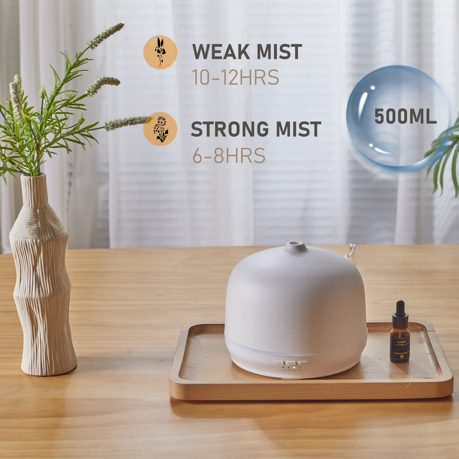 Diffusori di oli essenziali per aromaterapia per la casa grande stanza, diffusore d'aria in ceramica diffusore di aromi ad ultrasuoni 500 ml con temporizzazione: bianco