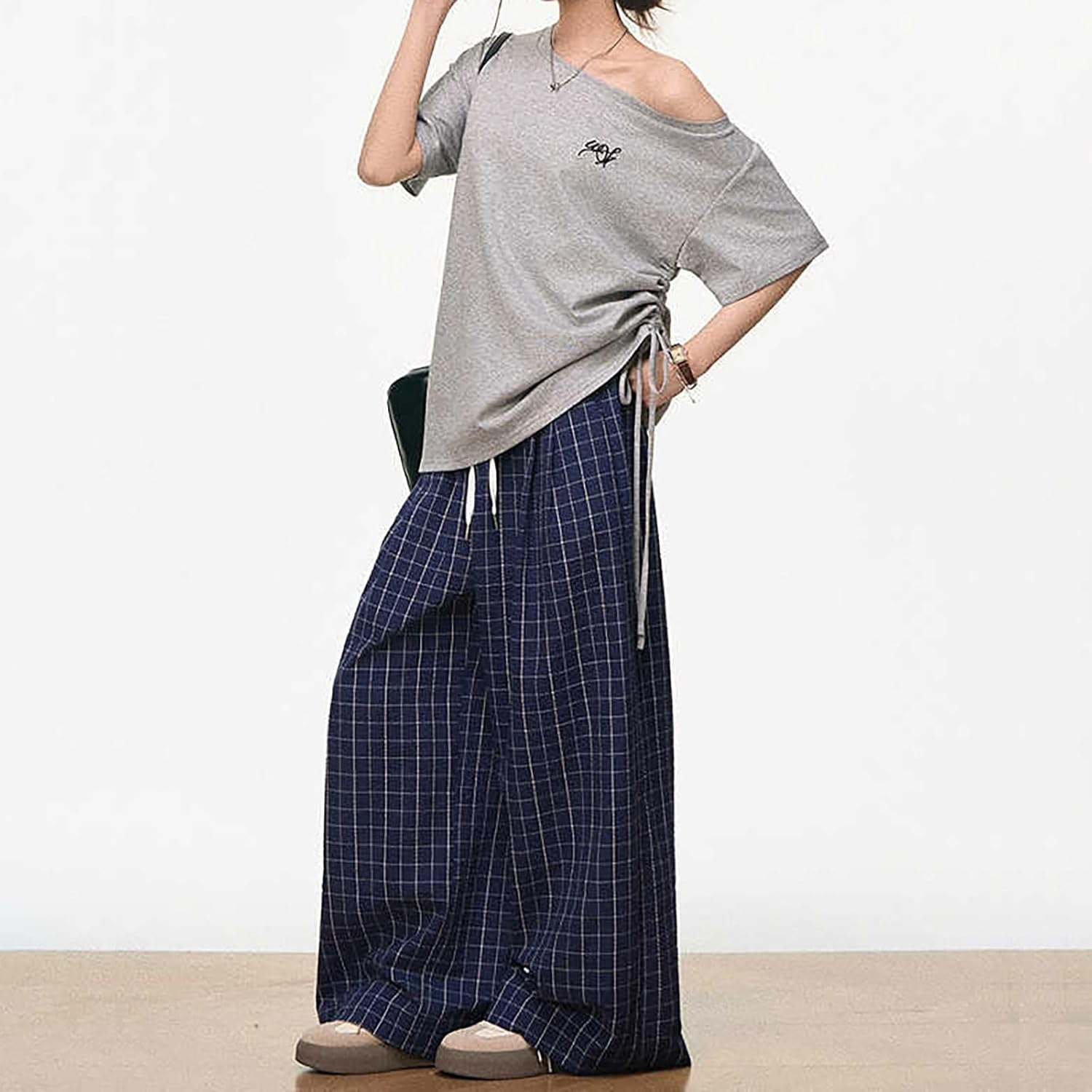 Women's Y2K Goth Baggy Wide Leg Plaid Pants Drawstring High Waist Color Blocking Casual Elastic Waist Trouser - Image 3