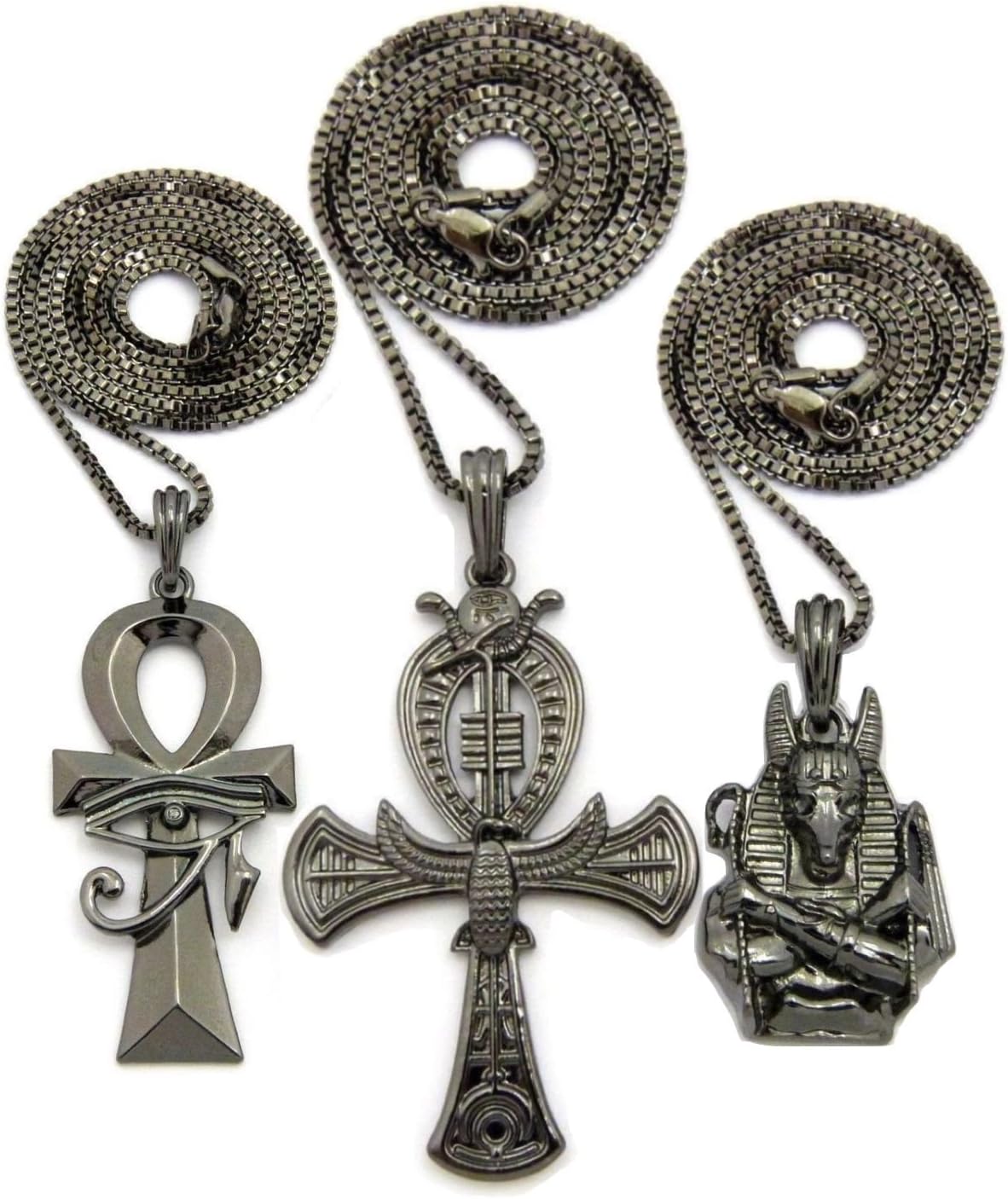 Shiny Jewelers USAShiny Jewelers USA MENS EGYPTIAN ANUBIS & ANKH CROSS PENDANT & BOX CHAINS HIP HOP NECKLACE SET BLACK