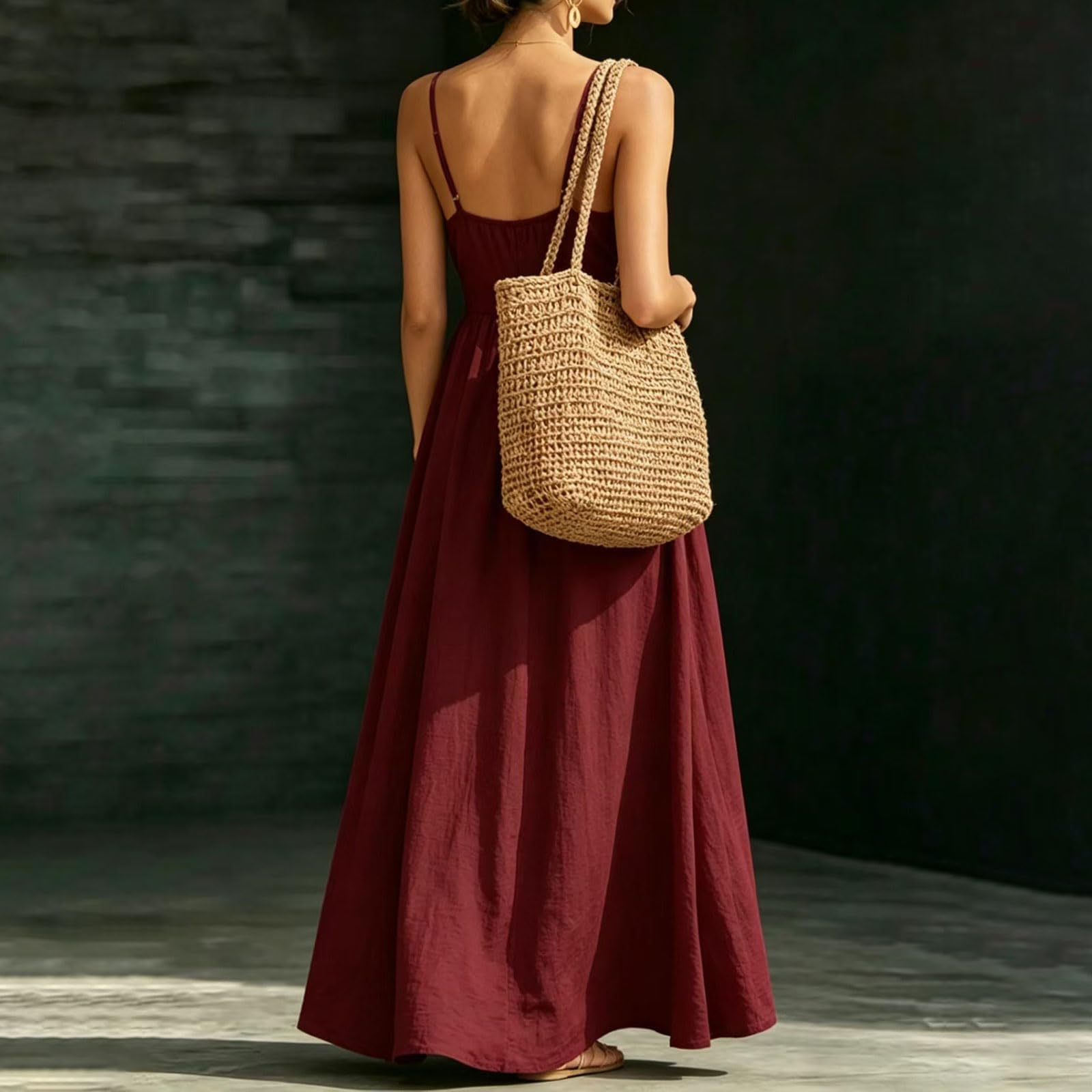 Vestido largo para mujer, cuello en V, tirantes ajustables, vestido largo acampanado, para playa, vacaciones, fin de semana, excursiones, paseos diarios