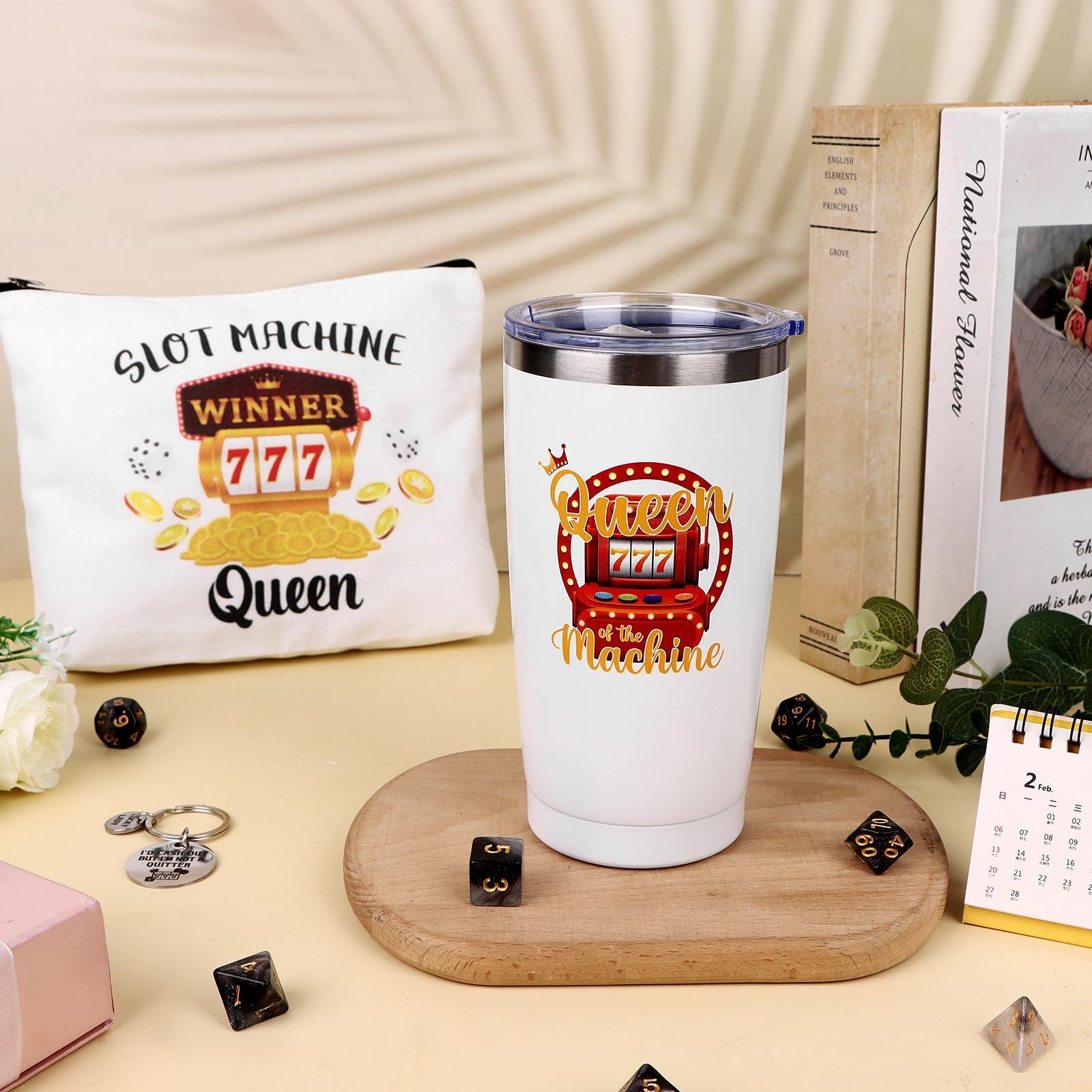 3Pcs Casino Gifts for Women Gambling Gift Queen Of The Machine 20 Oz Tumbler Cup Travel Mug Keychain Makeup Bag Slot Machine Present for Casino Lovers Birthday Mother's Day Christmas
