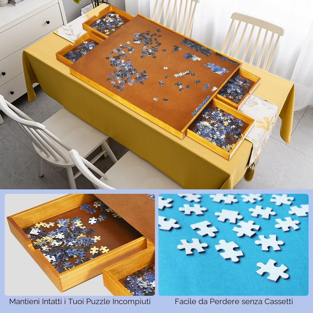 LIFEZEAL Tavolo puzzle con 4 cassetti classificati, puzzle con superficie liscia, 65 x 80 cm, tavolo puzzle portatile per 1000 – 1500 pezzi, salvaspazio, facile da riporre, legno di pino