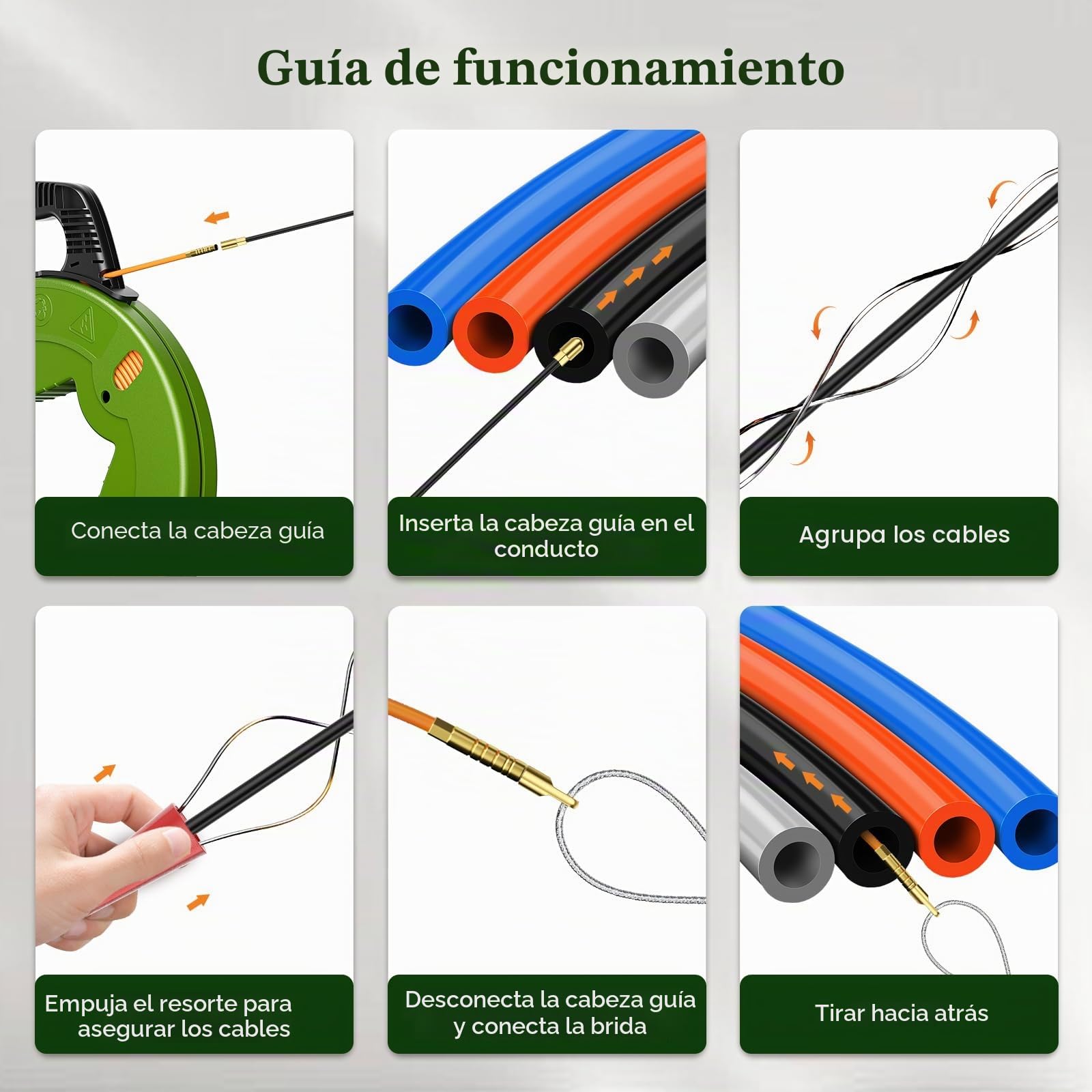 50m Guia Pasacables Profesional, 4.5mm de diámetro Sonda Elettricista Guia Electricista con 5 Adaptadores, Pasacables Electrico para Tirar de Cable Guía