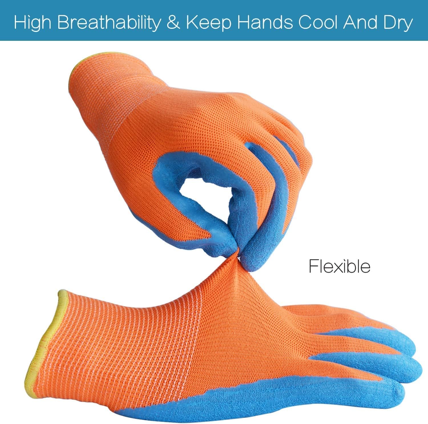 Kids Garden Gloves - 3 Pairs in Orange, Yellow & Green - Lightweight, Breathable, Flexible, Rubber Coated Palms - Image 3
